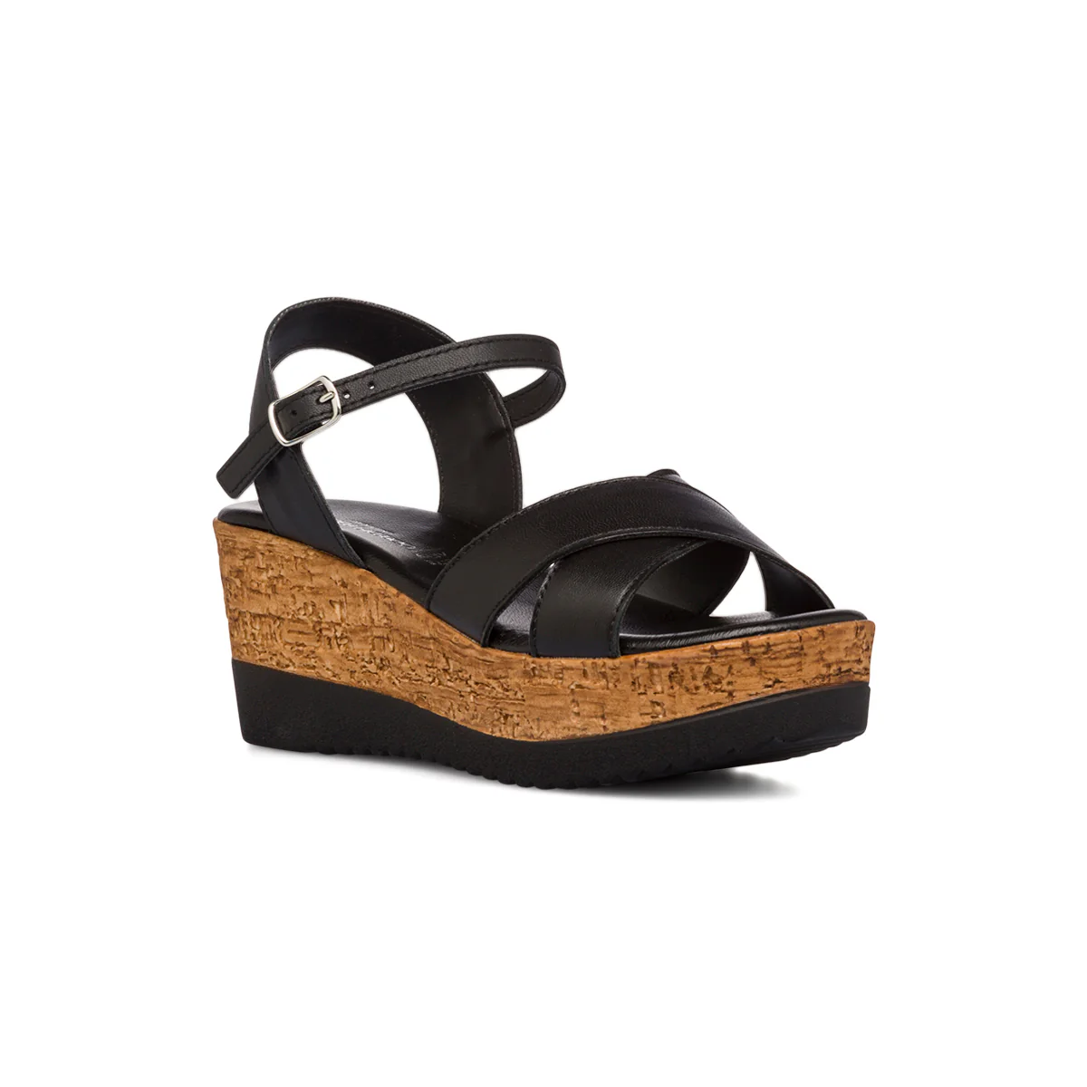 Sandali neri in pelle da donna con zeppa 7 cm Primopiano - Image 2