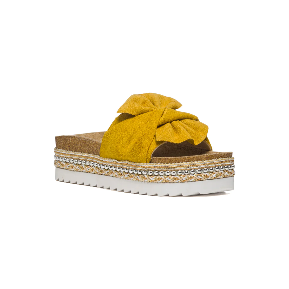 Sandali ocra in tessuto con zeppa 4 cm e applicazione di piccole borchie Lora Ferres - Image 2