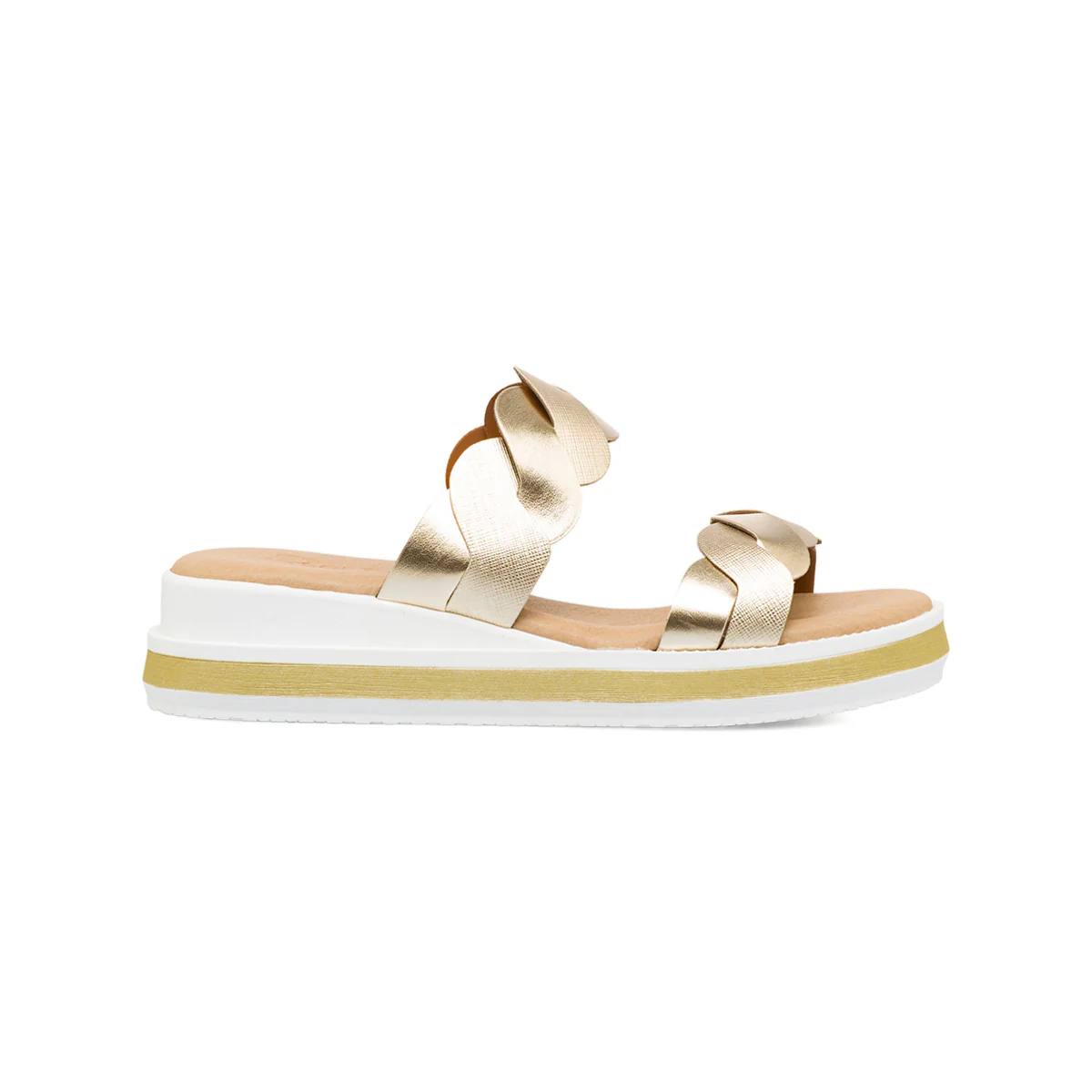 Sandali oro da donna con doppia fascia intrecciata e zeppa comoda P Soft
