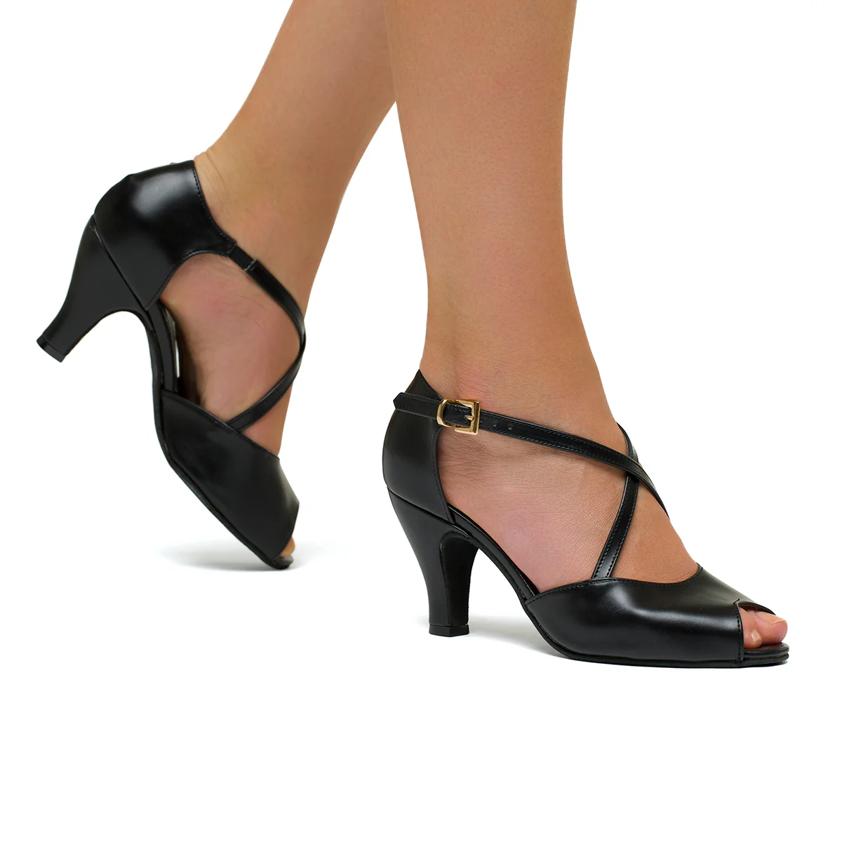 Sandali peep-toe da ballo neri con cinturini incrociati e tacco 8 cm - Image 9