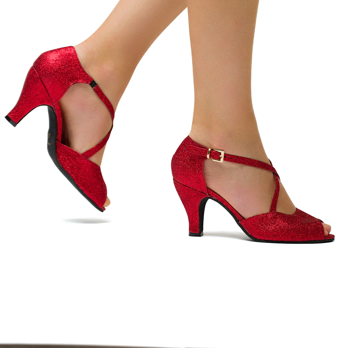 Sandali peep-toe da ballo rossi effetto glitterato con tacco 8 cm - Image 10