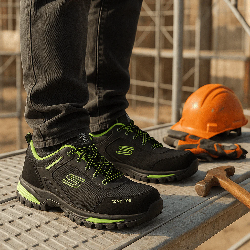 Scarpe antinfortunistiche nere e verdi da Uomo in pelle e Memory Foam Skechers Work