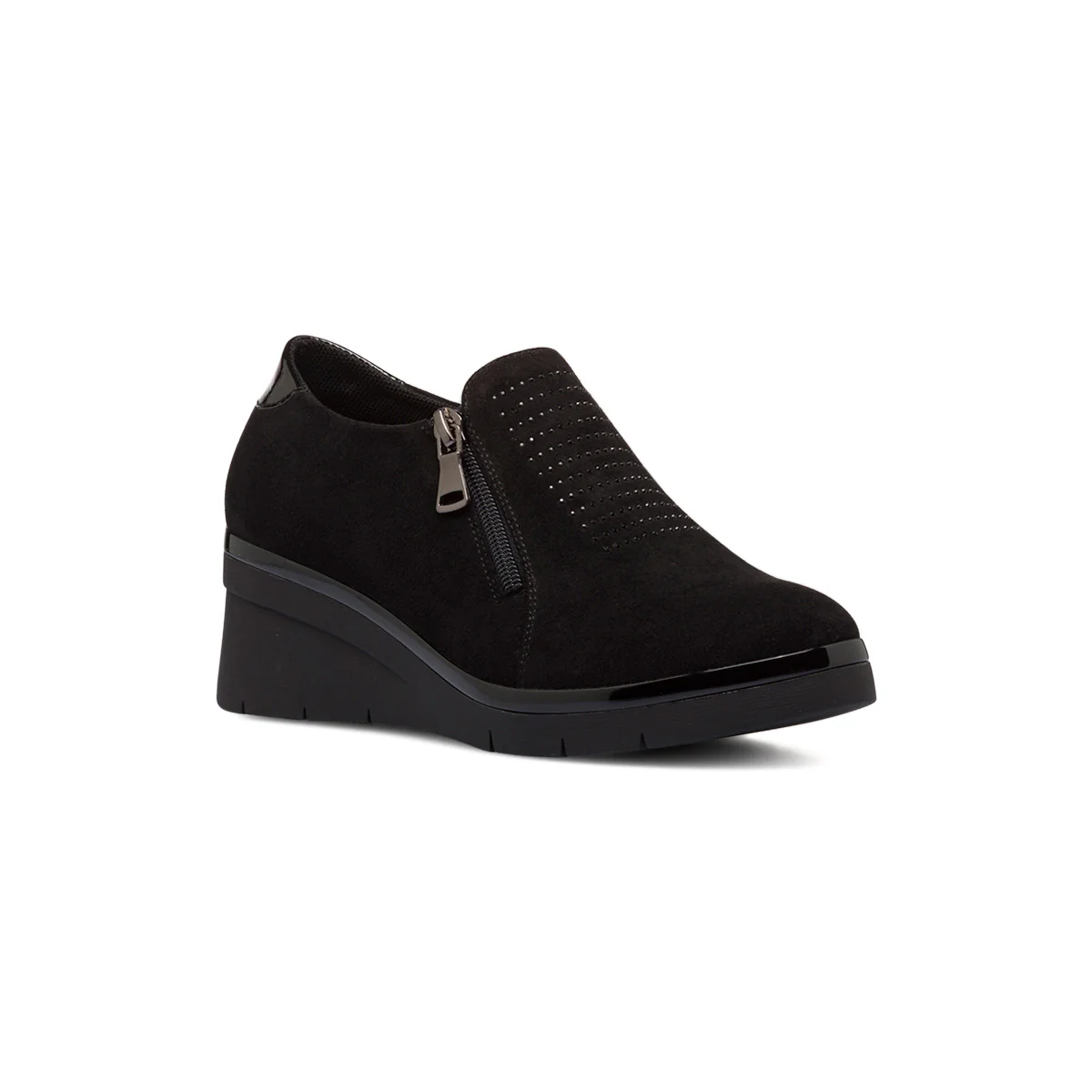 Scarpe comfort nere da donna con strass, zip laterale e zeppa P Soft - Image 2