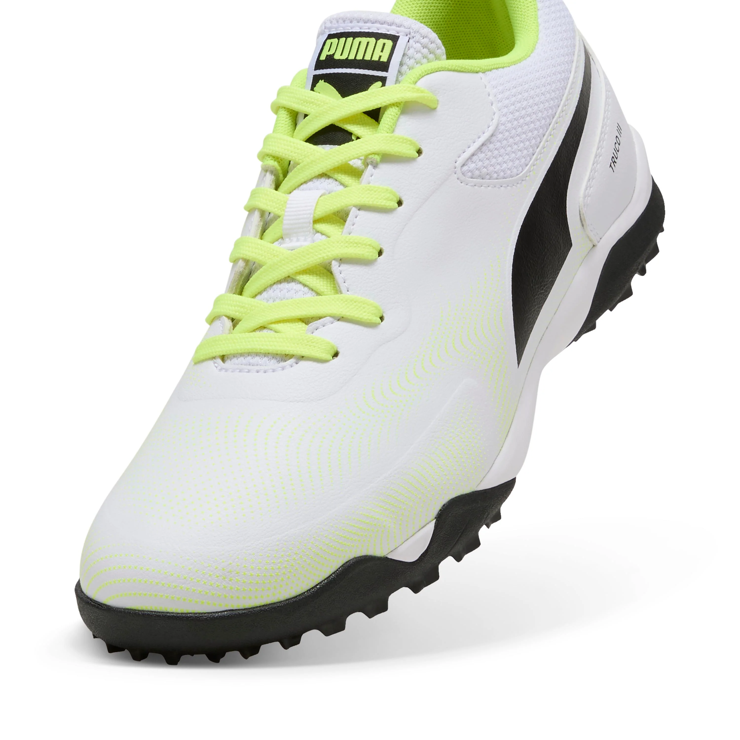 Scarpe da calcetto uomo bianche con dettagli neri e giallo fluo Puma Truco III TT - Image 6
