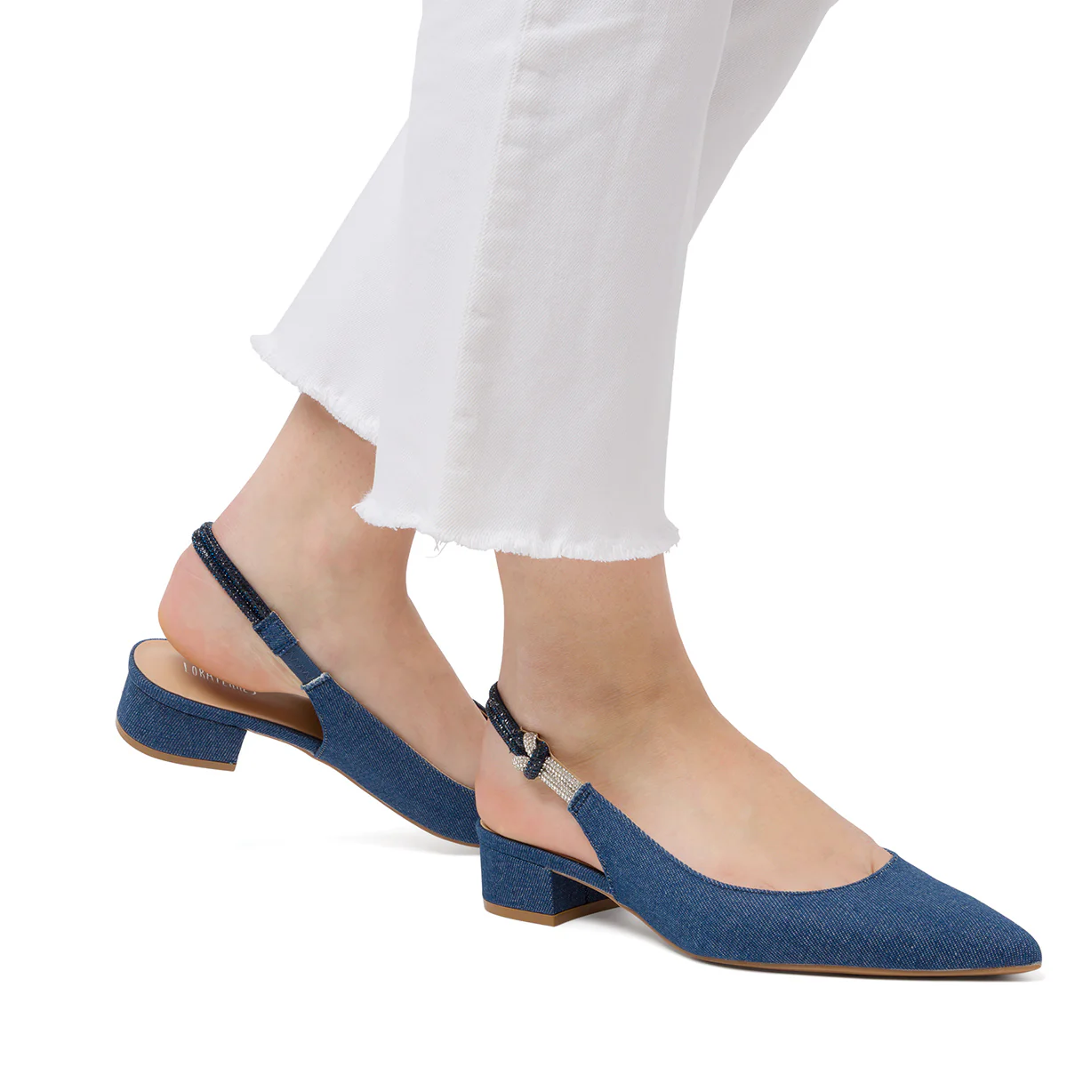 Scarpe Slingback con tacco basso blu da Donna effetto Jeans con strass Lora Ferres