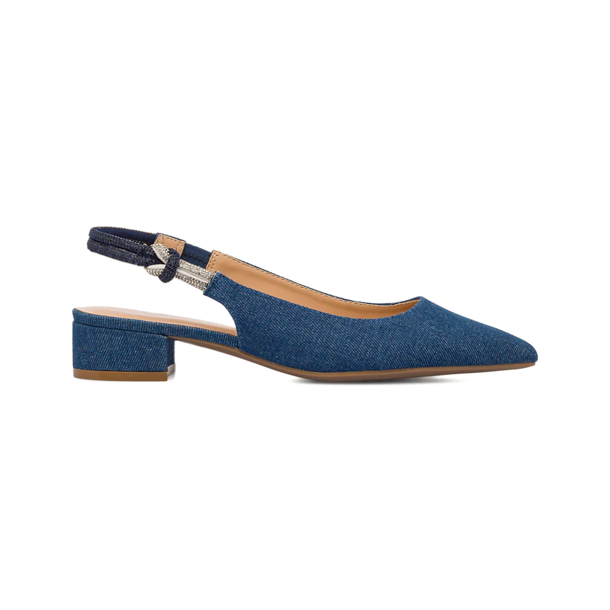 Scarpe Slingback con tacco basso blu da Donna effetto Jeans con strass Lora Ferres - Image 4