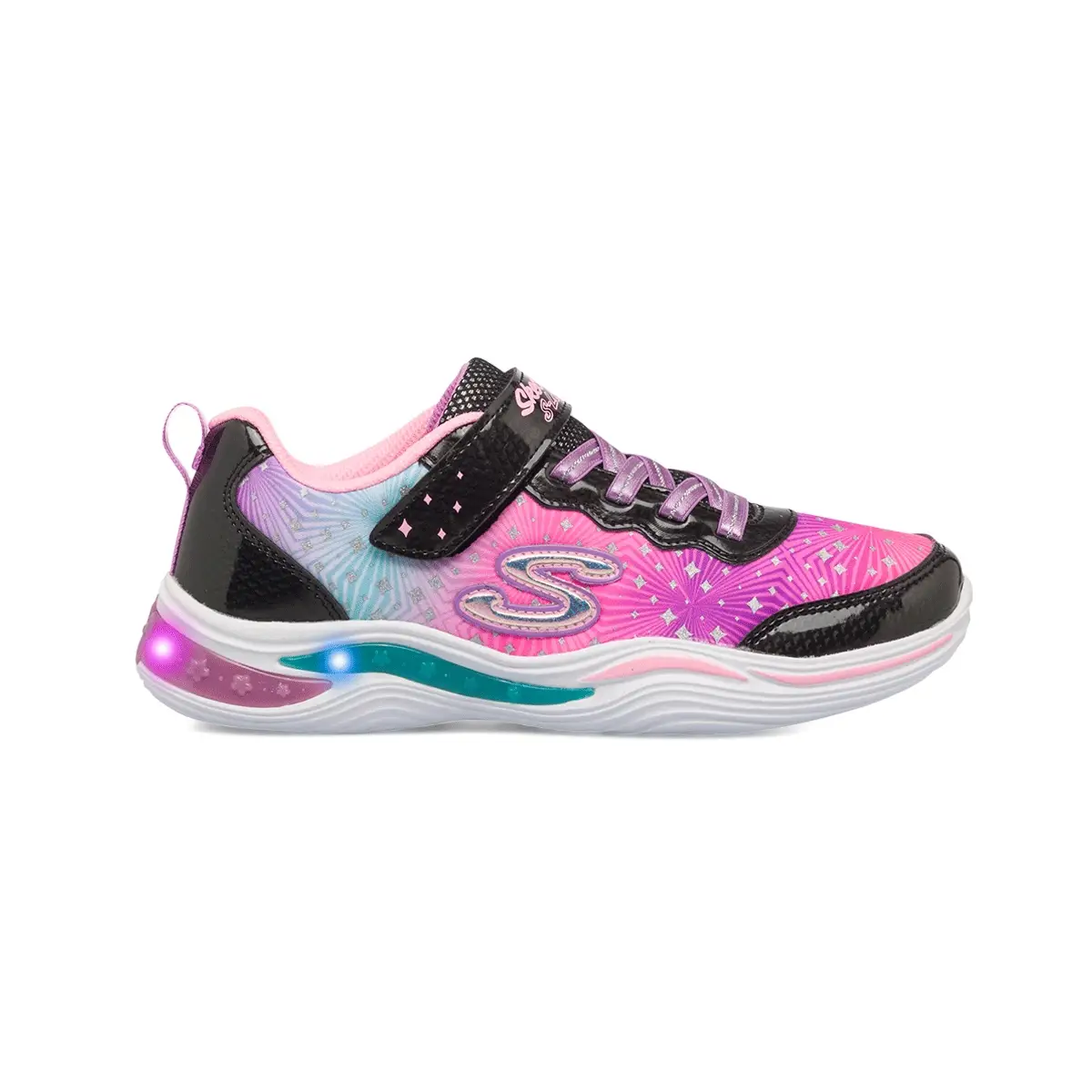 Scarpe sportive rosa e nere da bambina con luci nella suola Skechers S-Lights Power Petals