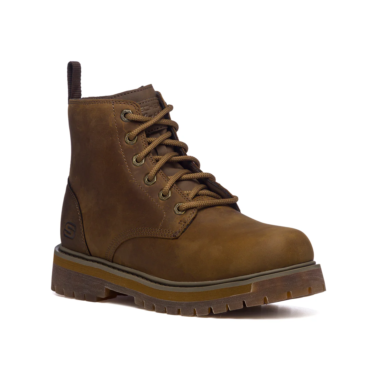Scarponcini marroni in pelle con patch logo Skechers - Image 2