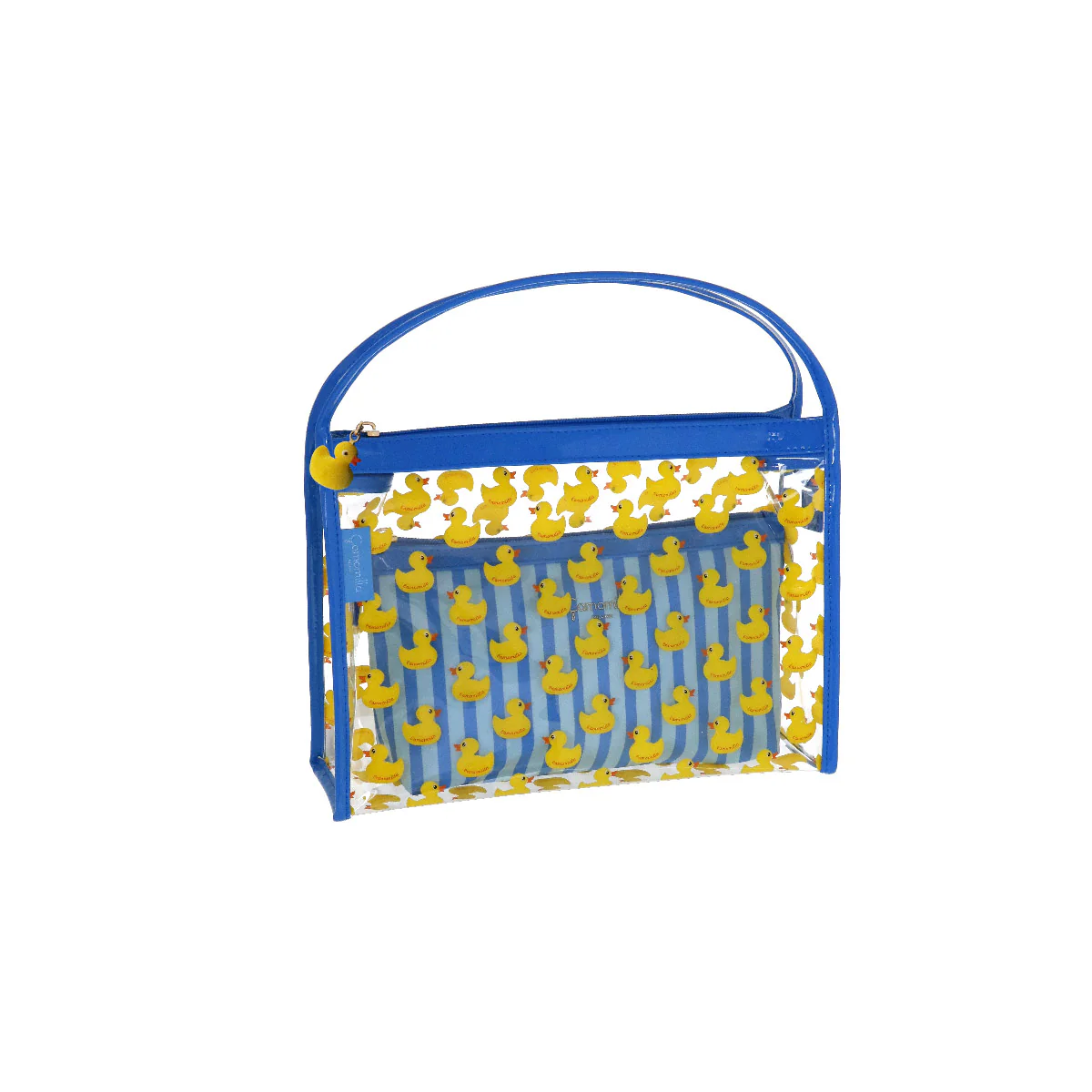 Set beauty case trasparente con stampa anatroccoli blu da Donna Camomilla Milano