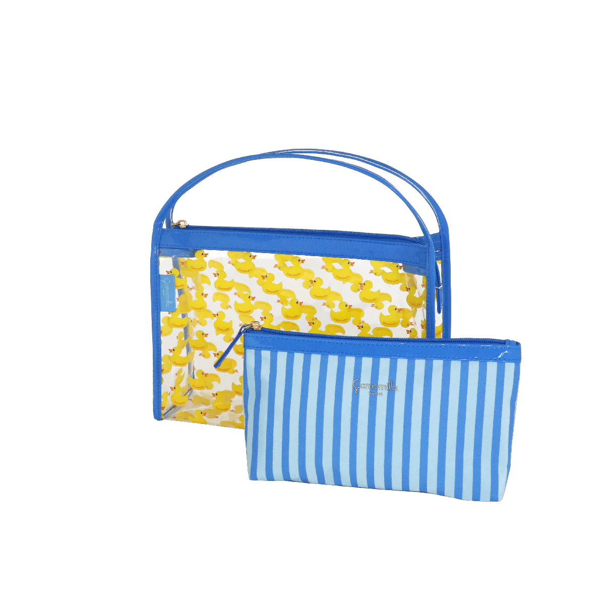 Set beauty case trasparente con stampa anatroccoli blu da Donna Camomilla Milano - Image 4