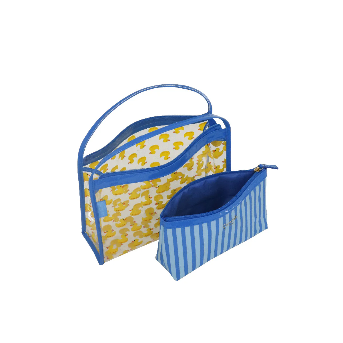 Set beauty case trasparente con stampa anatroccoli blu da Donna Camomilla Milano - Image 5