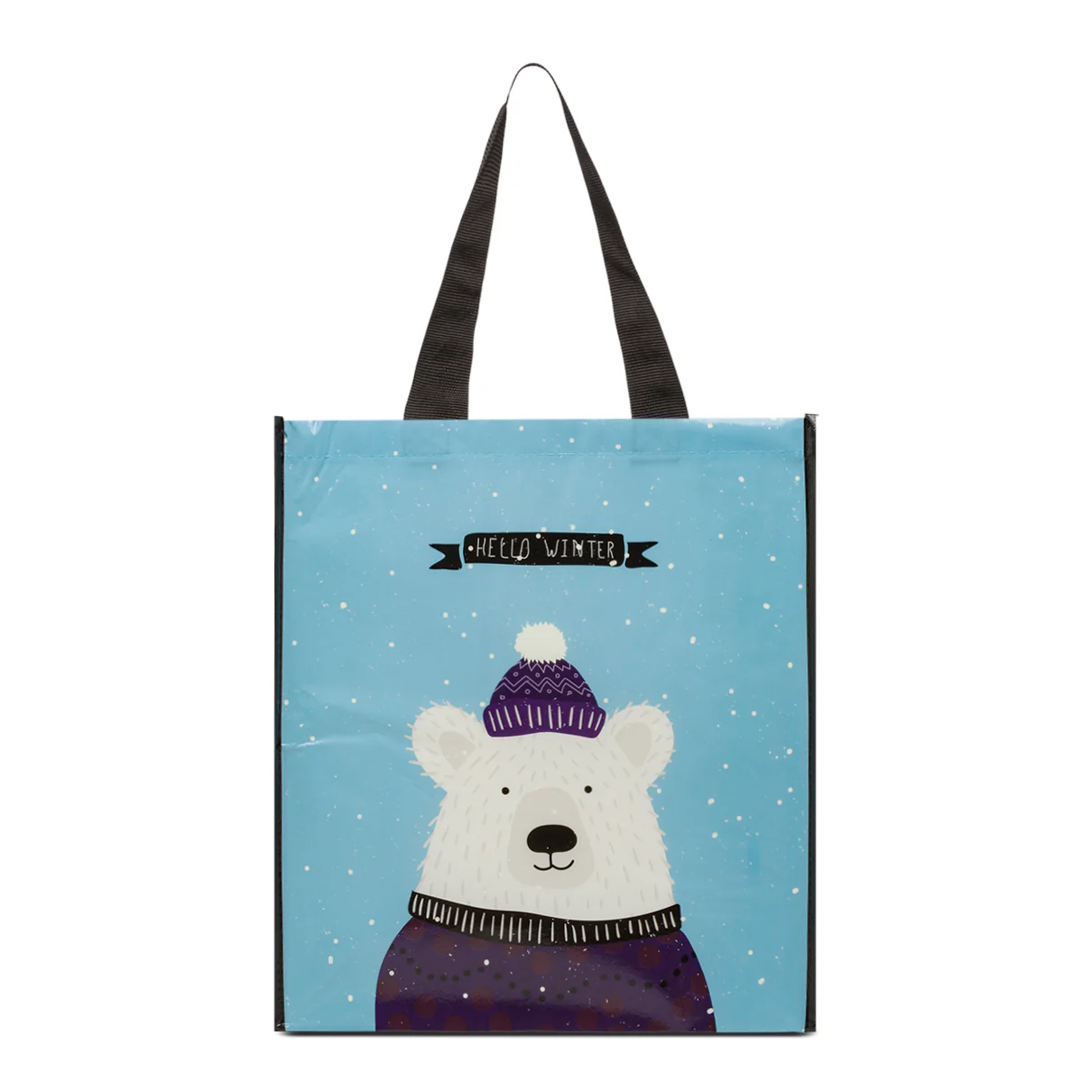 Shopper riutilizzabile azzurra e nera media in TNT con grafica orso