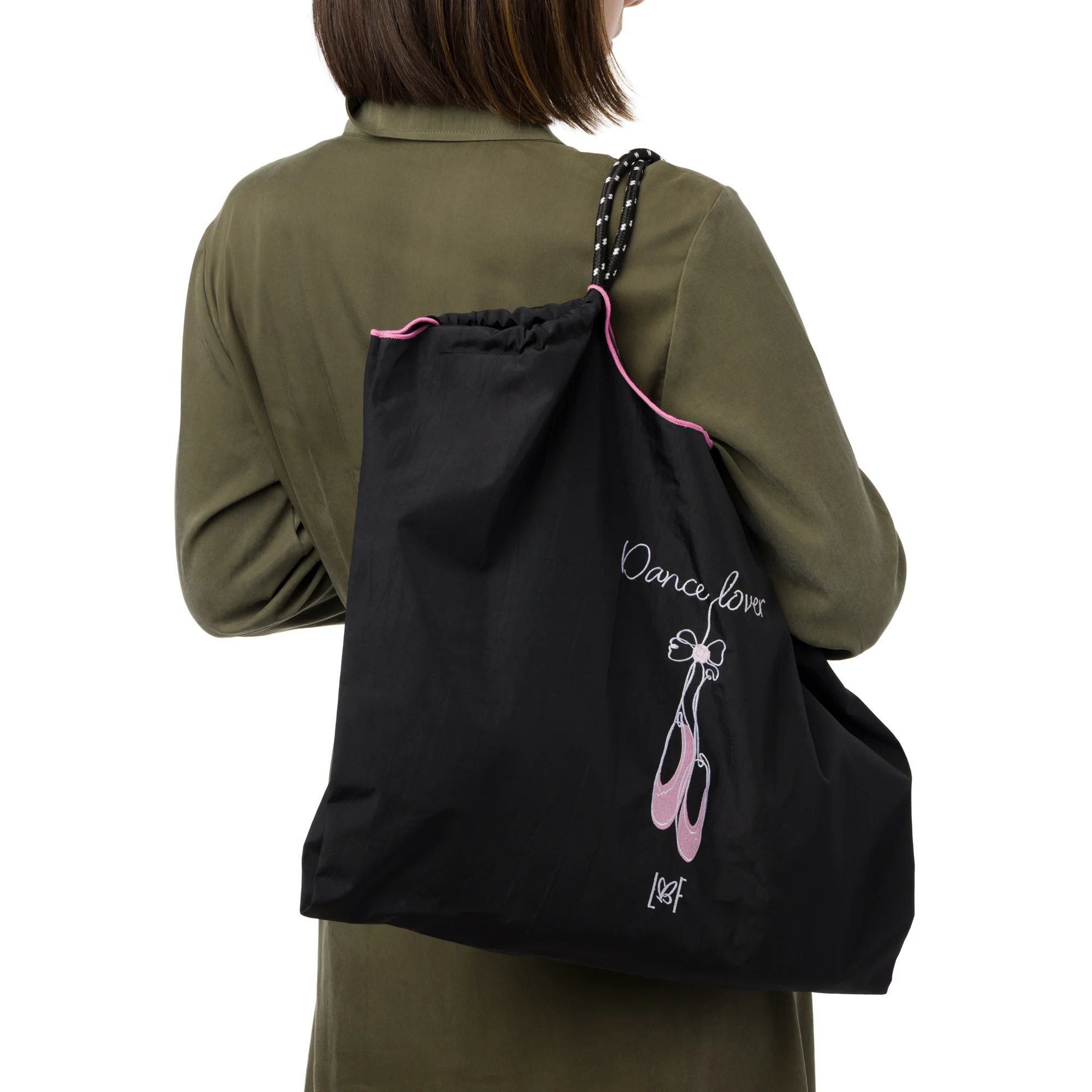 Shopping Bag Korean nera in tessuto con ricamo e scritta "Dance Lover" Lora Ferres