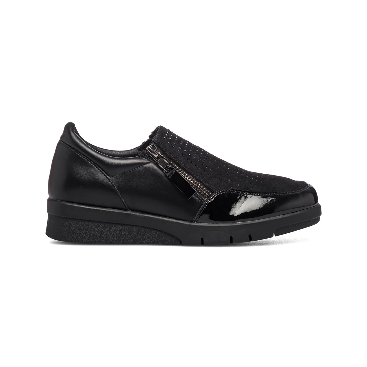 Slip-on comfort nere con zip laterali e strass P Soft