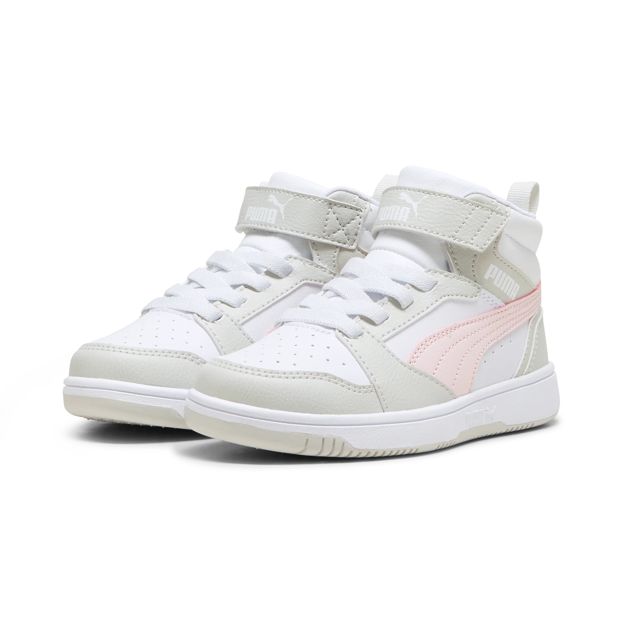 Sneakers alte bambina bianche con dettagli grigi e rosa Puma Rebound V6 - Image 2