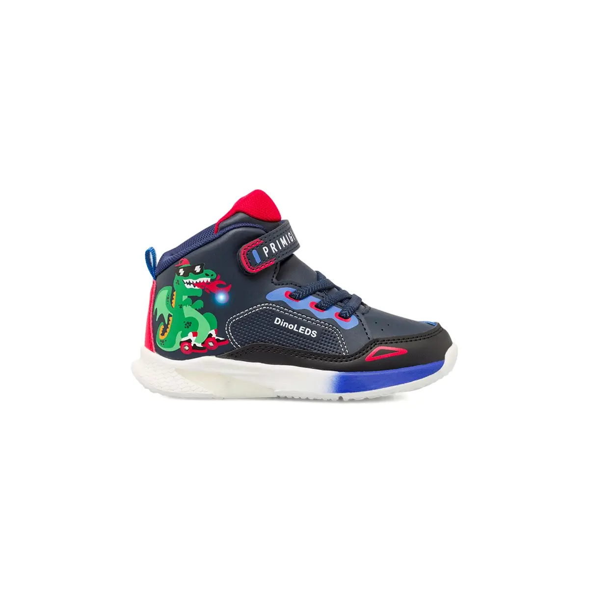 Sneakers alte bambino blu Primigi con dinosauro e luci nella suola