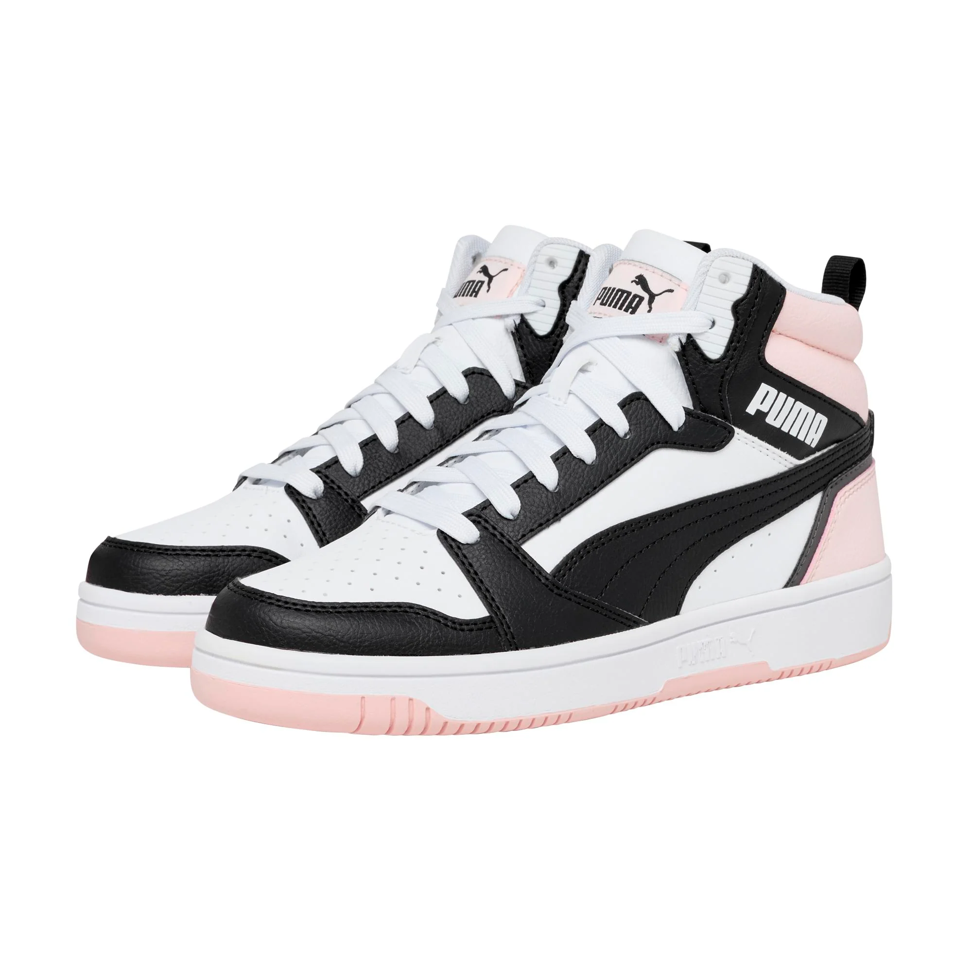 Sneakers alte bianche da donna con dettagli in rosa e nero Puma Rebound v6