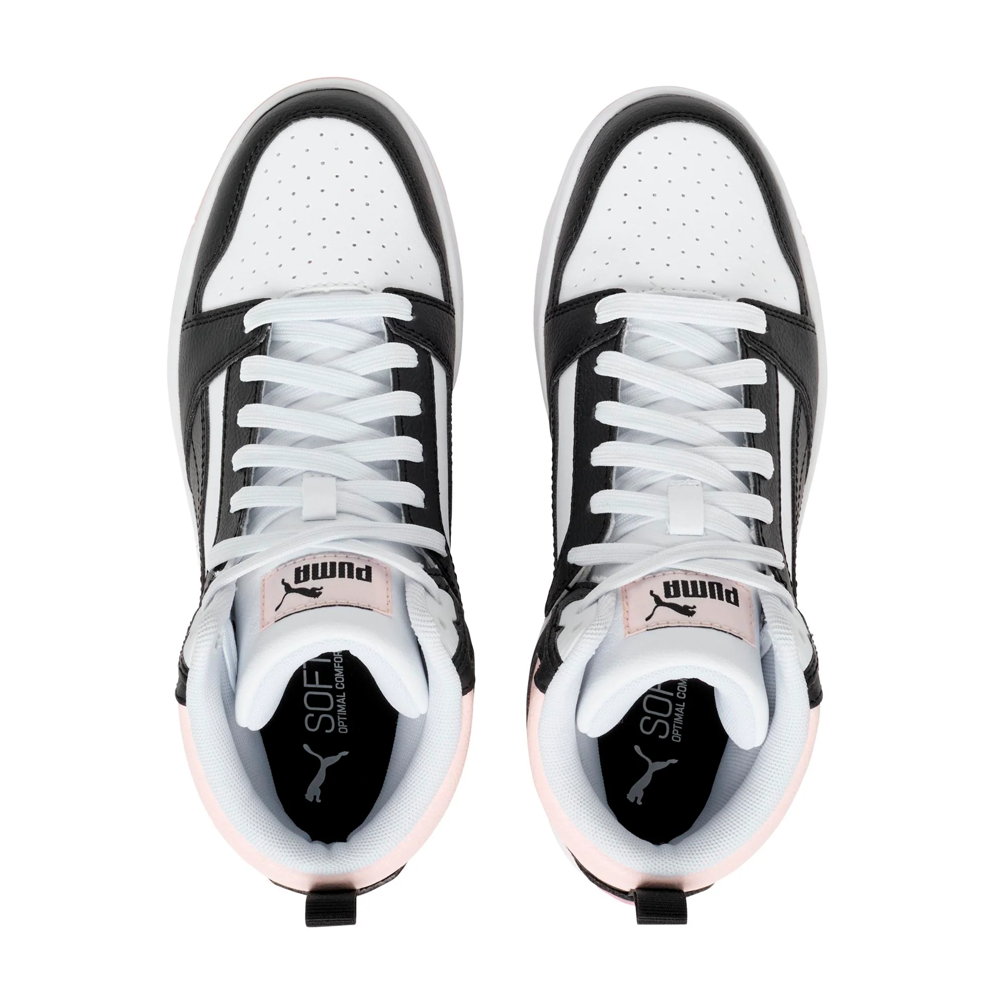 Sneakers alte bianche da donna con dettagli in rosa e nero Puma Rebound v6 - Image 6