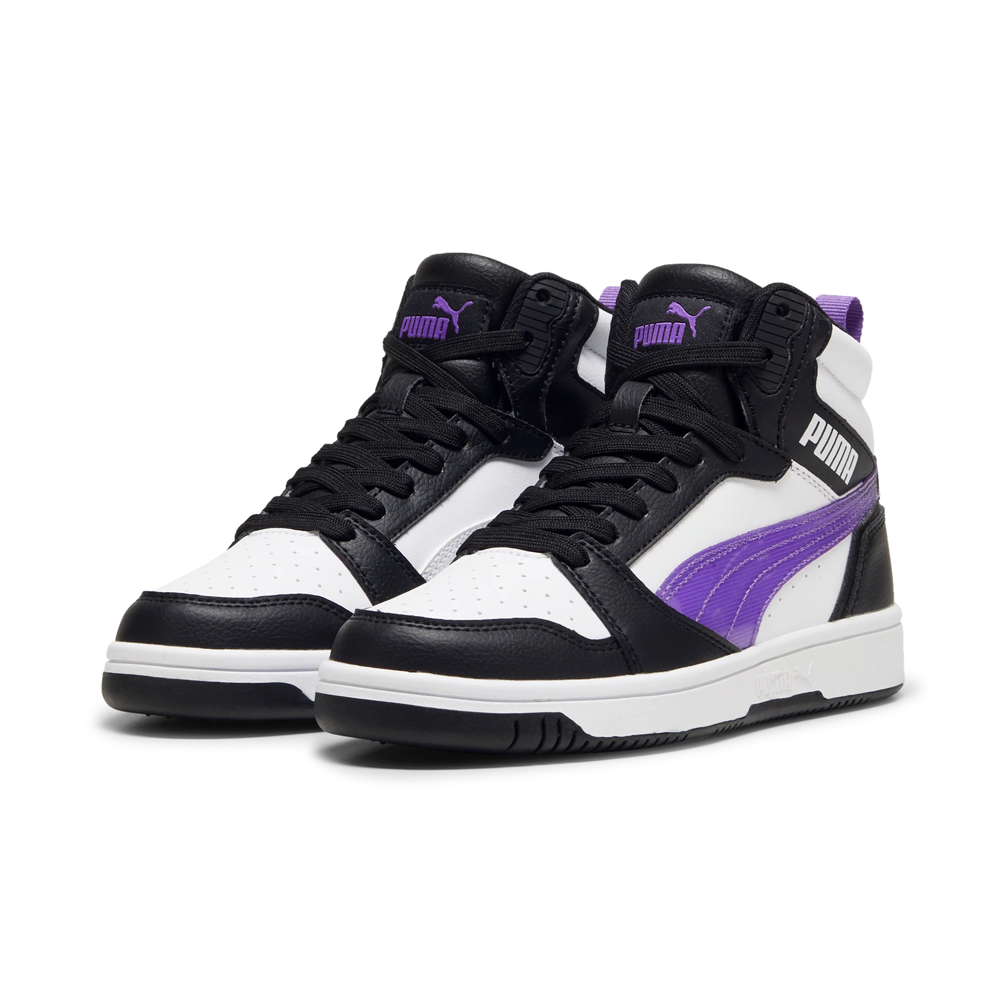 Sneakers alte bianche da ragazza con dettagli viola e neri Puma Rebound v6 Mid Deep Dive Jr