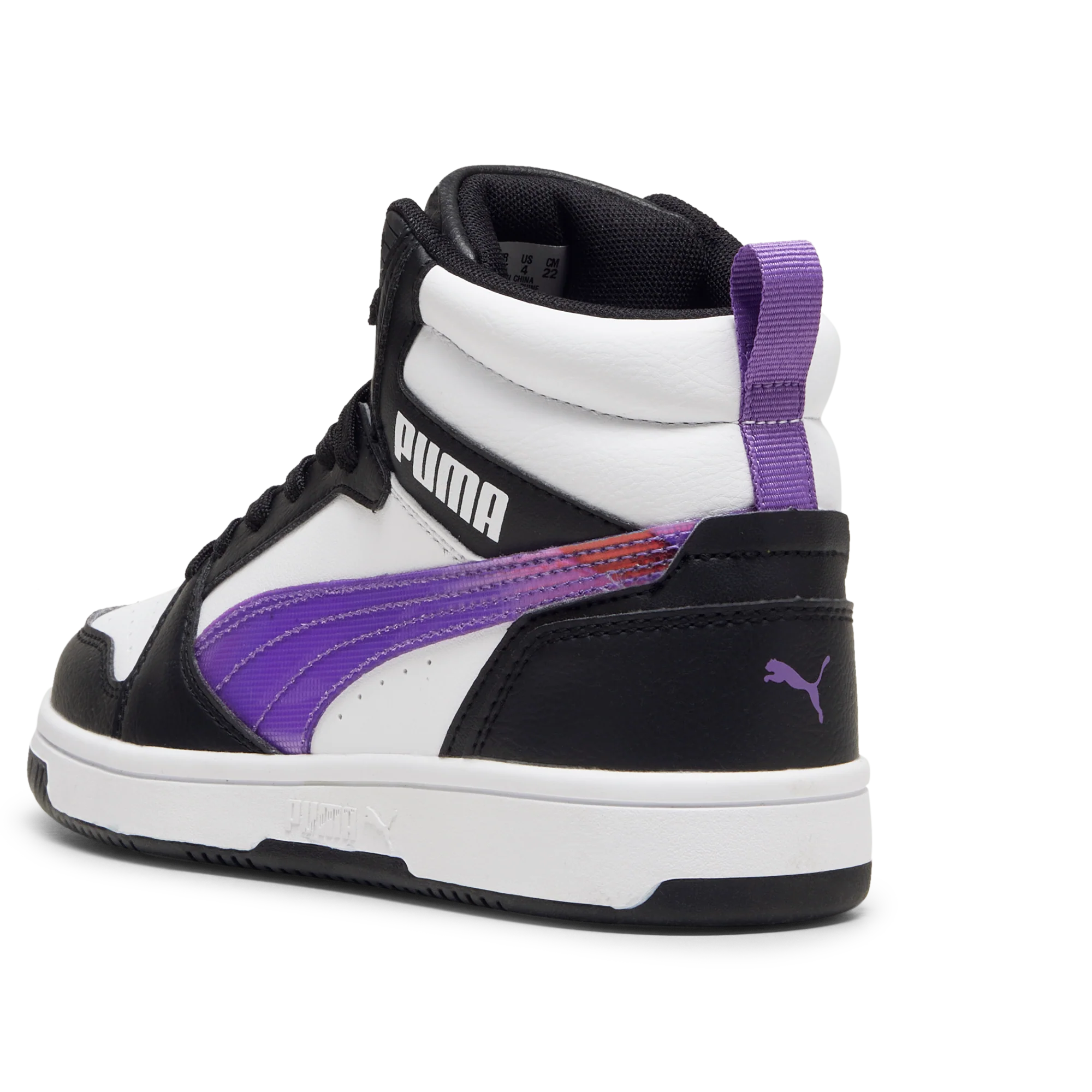 Sneakers alte bianche da ragazza con dettagli viola e neri Puma Rebound v6 Mid Deep Dive Jr - Image 2