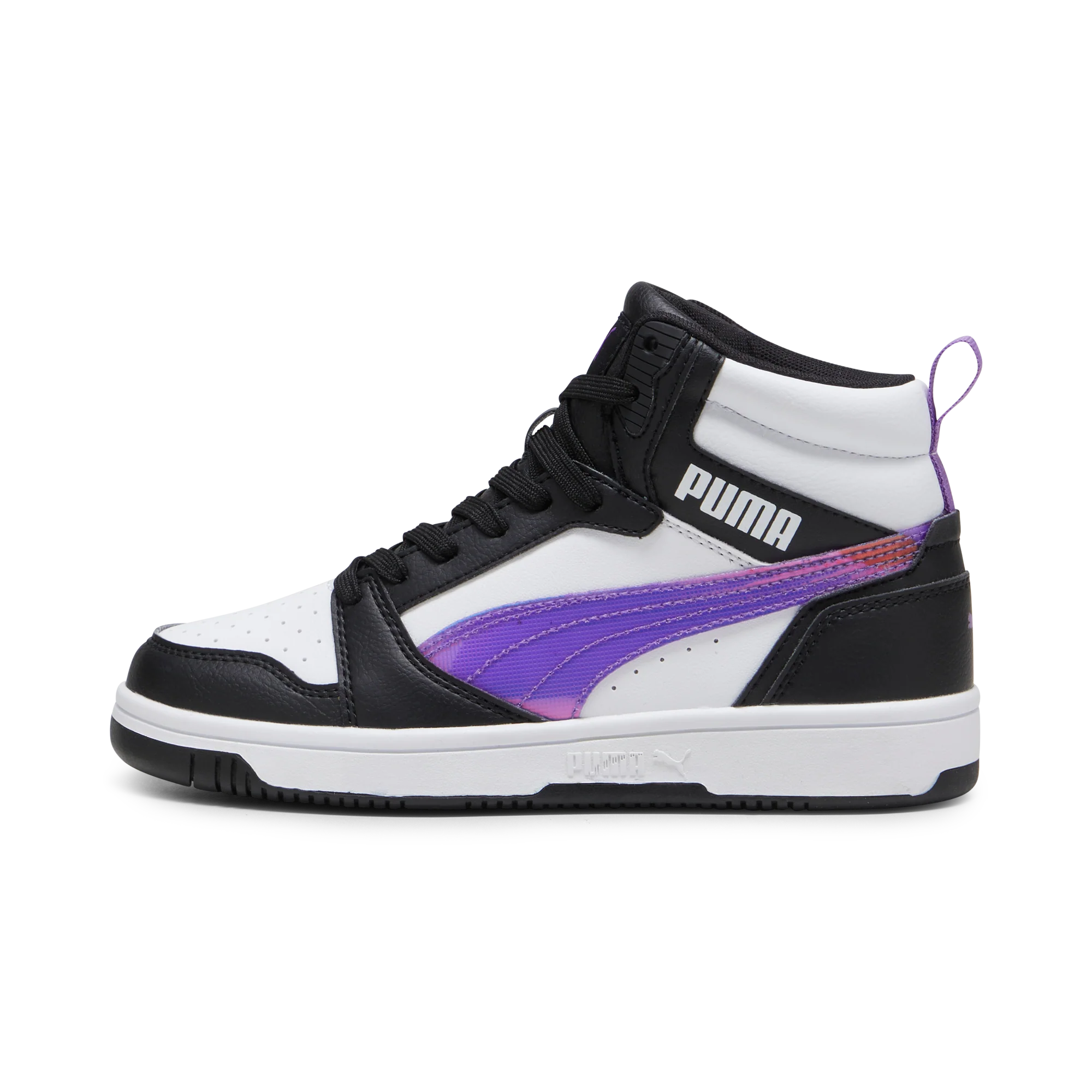 Sneakers alte bianche da ragazza con dettagli viola e neri Puma Rebound v6 Mid Deep Dive Jr - Image 3