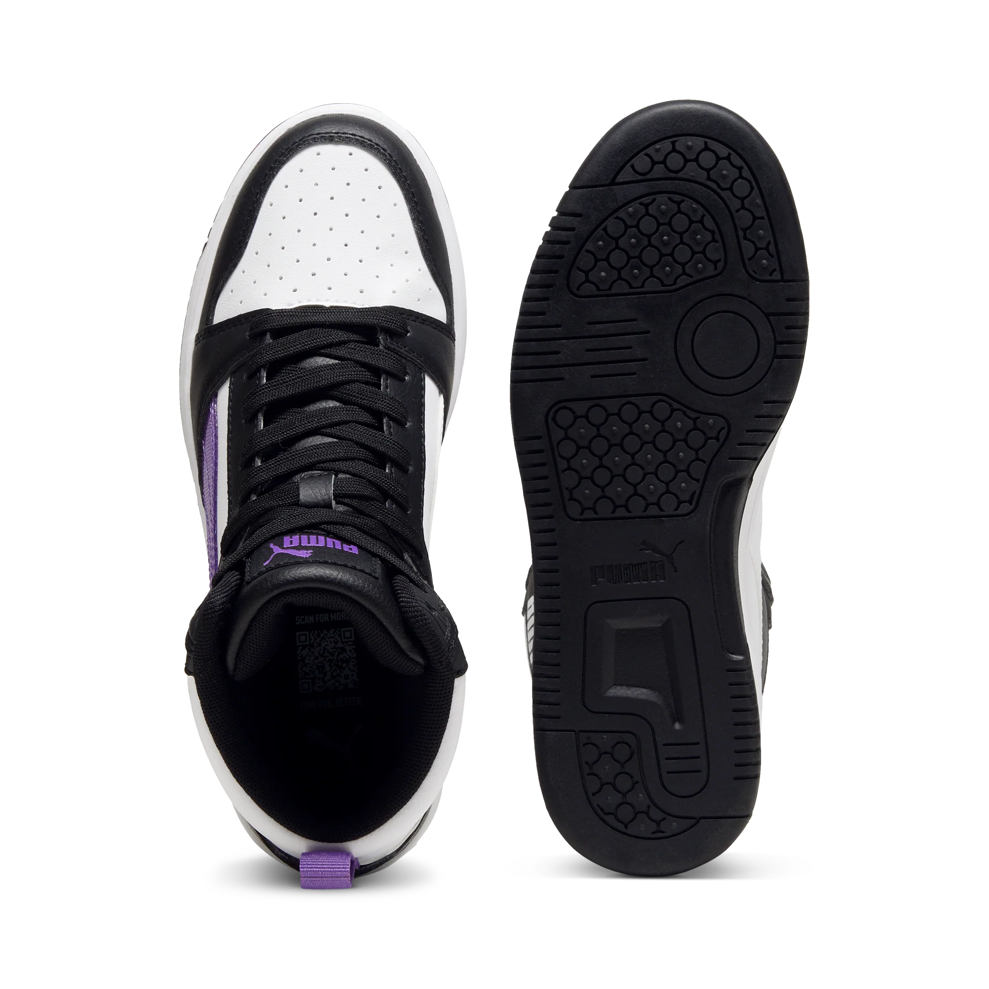 Sneakers alte bianche da ragazza con dettagli viola e neri Puma Rebound v6 Mid Deep Dive Jr - Image 4