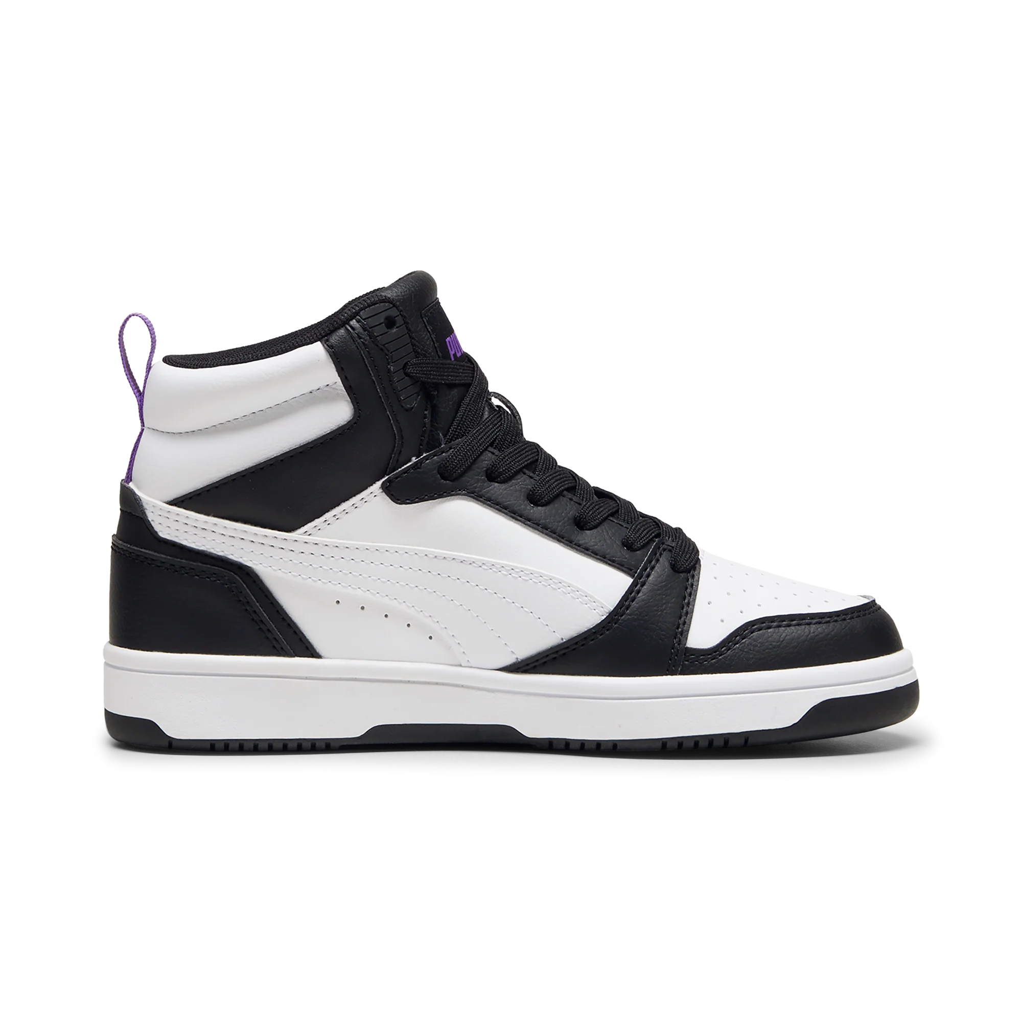 Sneakers alte bianche da ragazza con dettagli viola e neri Puma Rebound v6 Mid Deep Dive Jr - Image 5