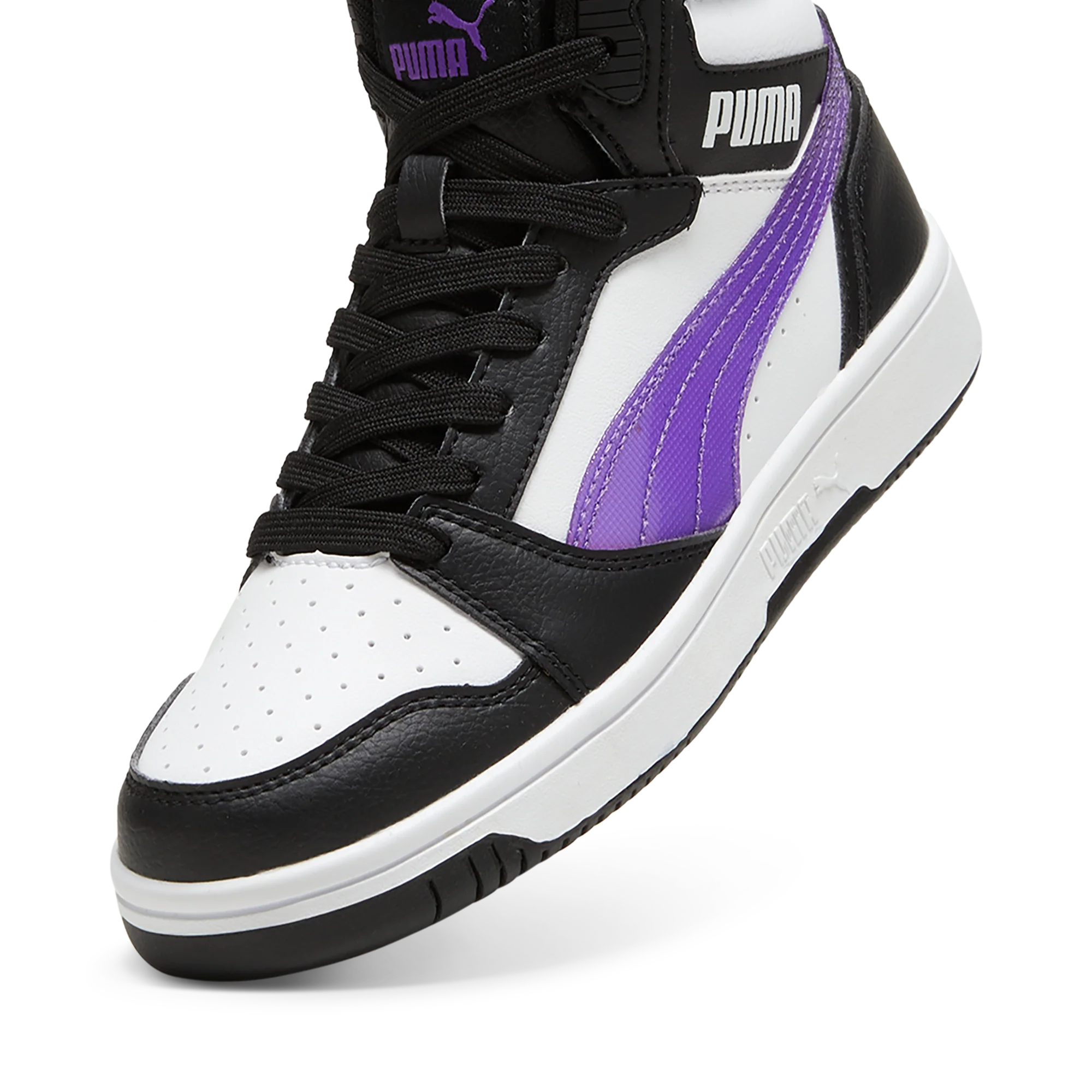 Sneakers alte bianche da ragazza con dettagli viola e neri Puma Rebound v6 Mid Deep Dive Jr - Image 6