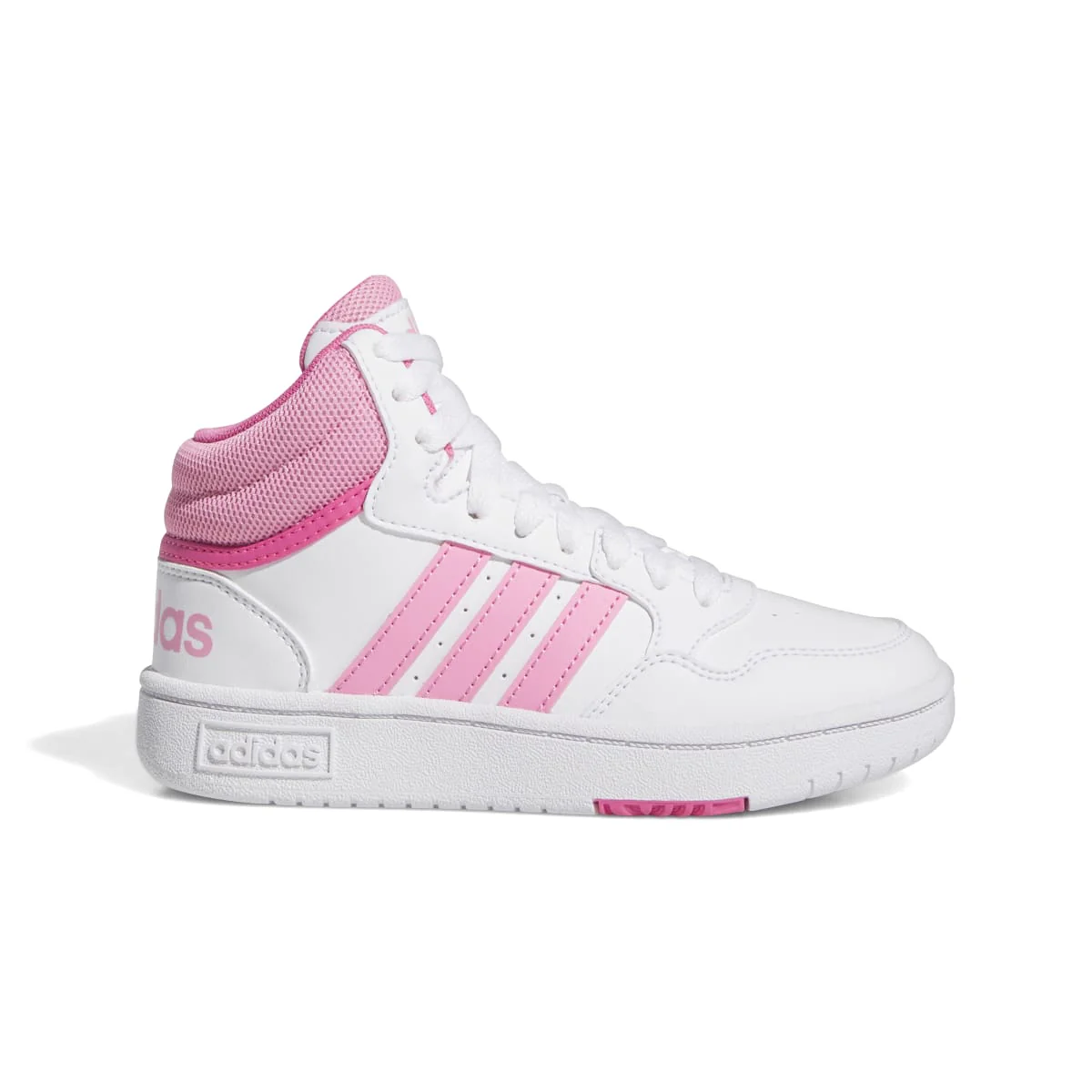Sneakers alte bianche da ragazza con strisce rosa adidas Hoops 3.0 Mid K