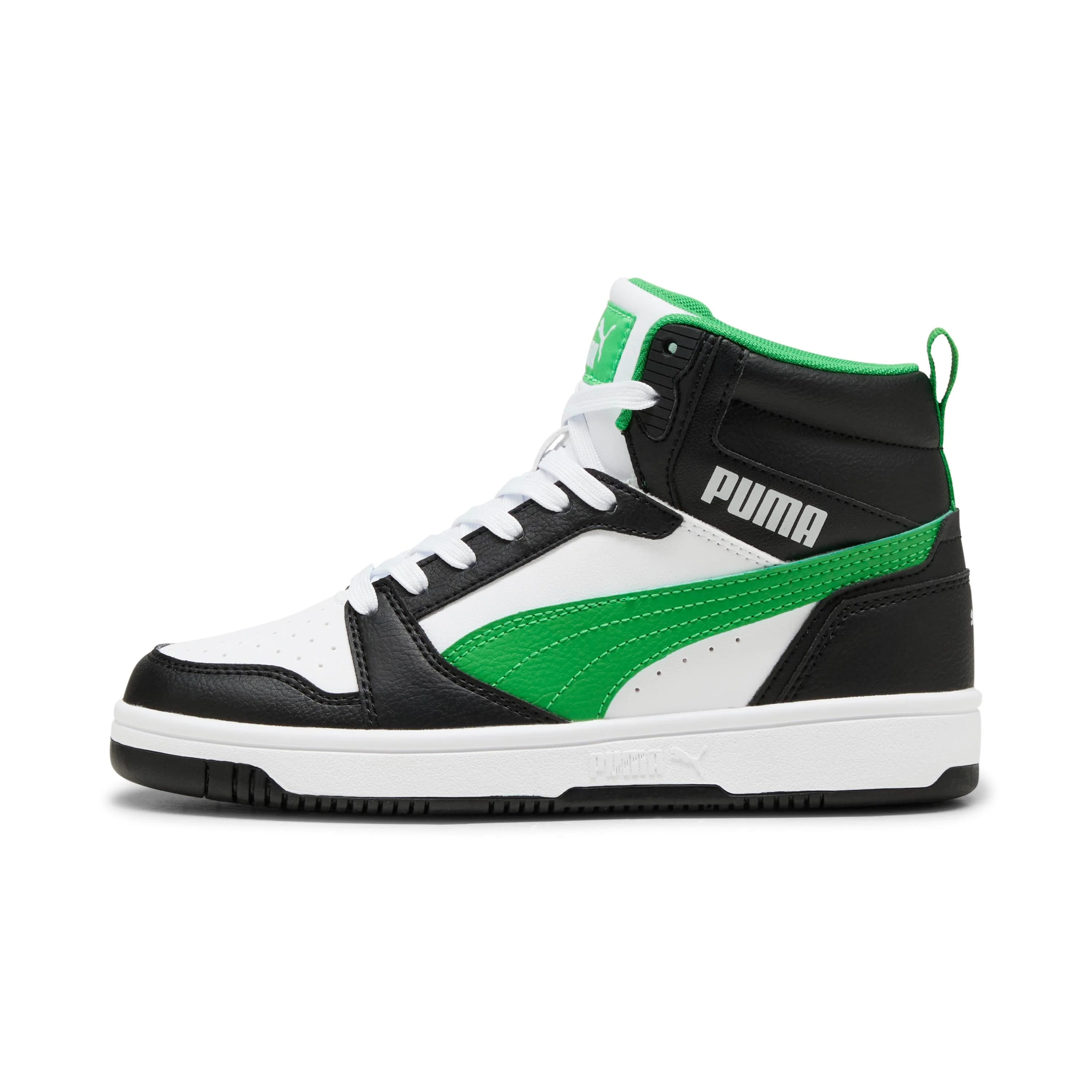 Sneakers alte bianche da ragazzo con inserti neri e verdi Puma Rebound V6 Mid - Image 2