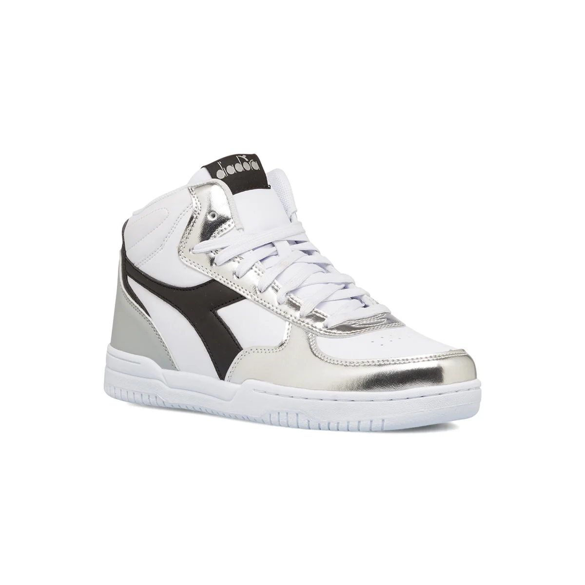Sneakers alte bianche e argento effetto laminato da donna Diadora Raptor Mid - Image 2