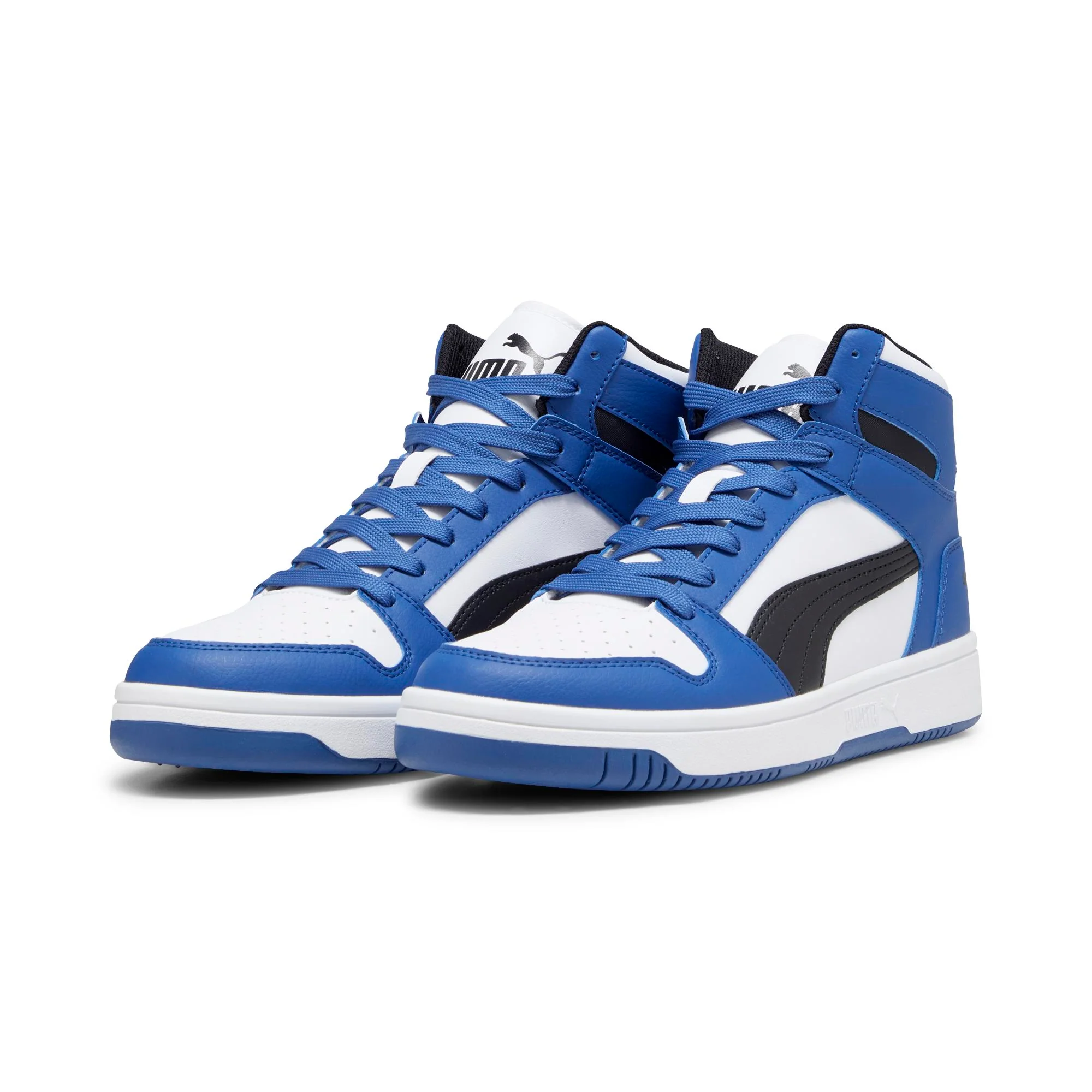Sneakers alte bianche e azzurre da uomo con striscia laterale nera Puma Rebound LayUp SL