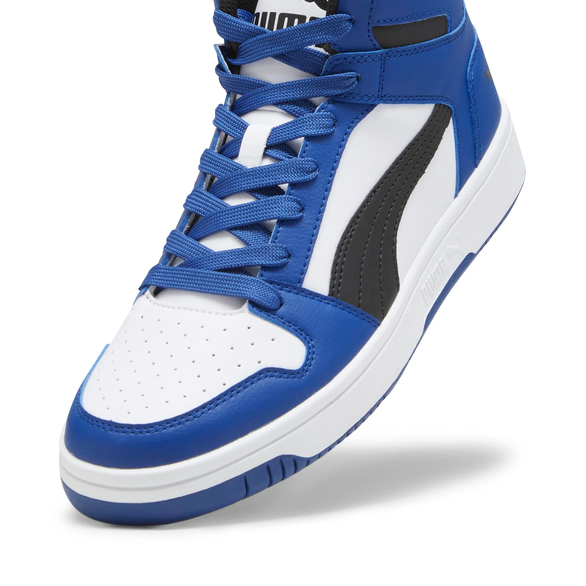 Sneakers alte bianche e azzurre da uomo con striscia laterale nera Puma Rebound LayUp SL - Image 6