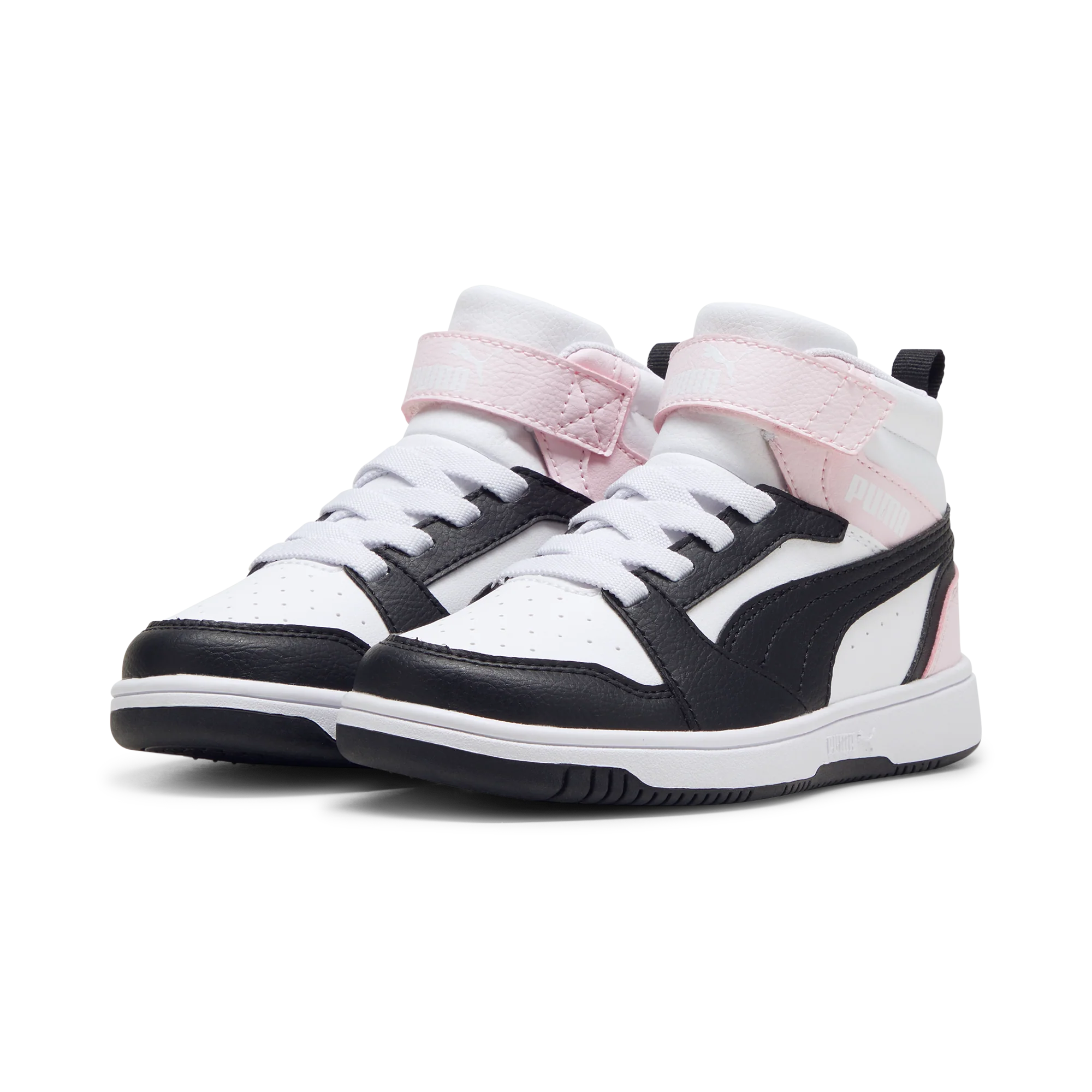Sneakers alte bianche e nere da bambina con dettagli rosa Puma Rebound v6 Mid AC+ PS