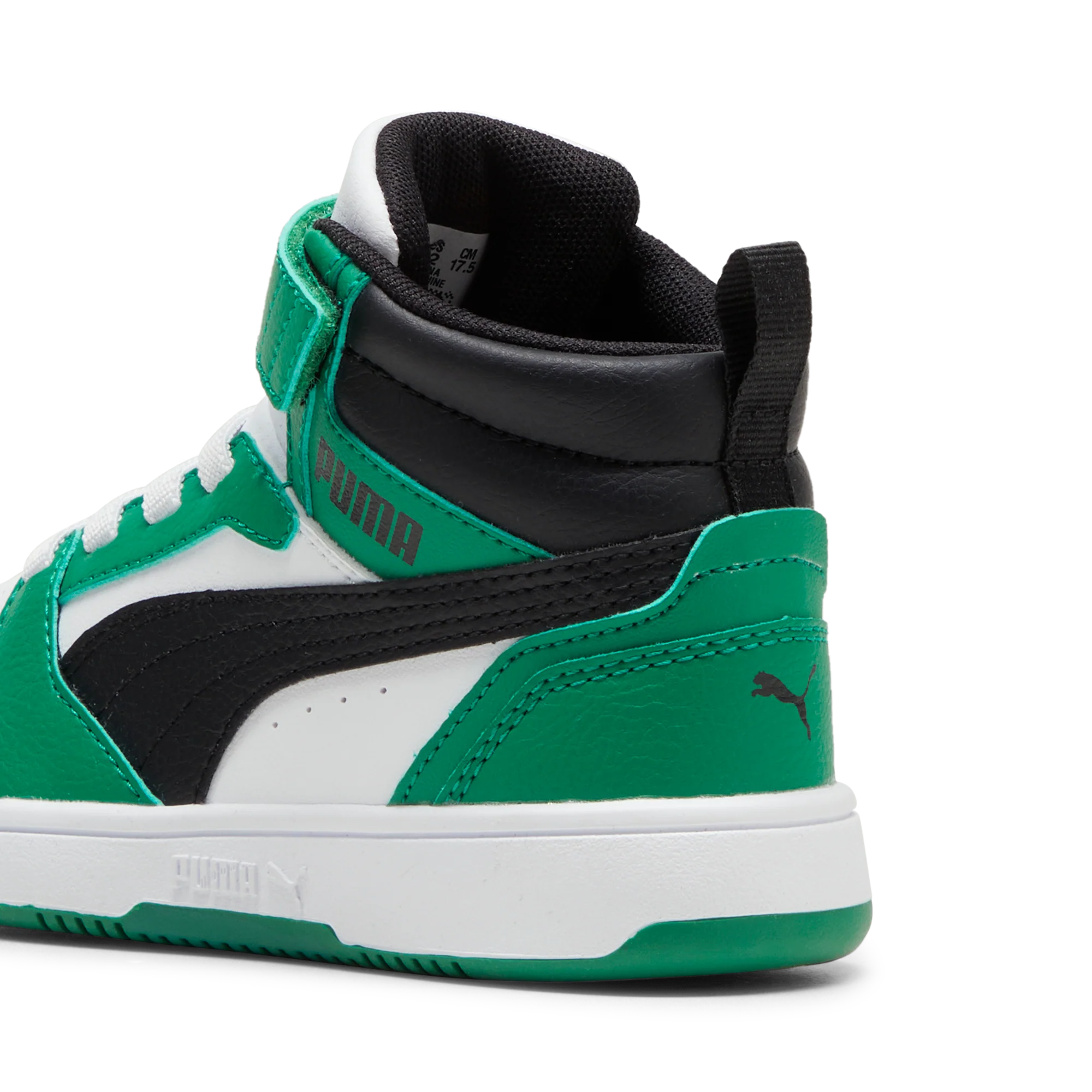 Sneakers alte bianche e nere da bambino con dettagli verdi Puma Rebound v6 Mid AC+ PS - Image 2