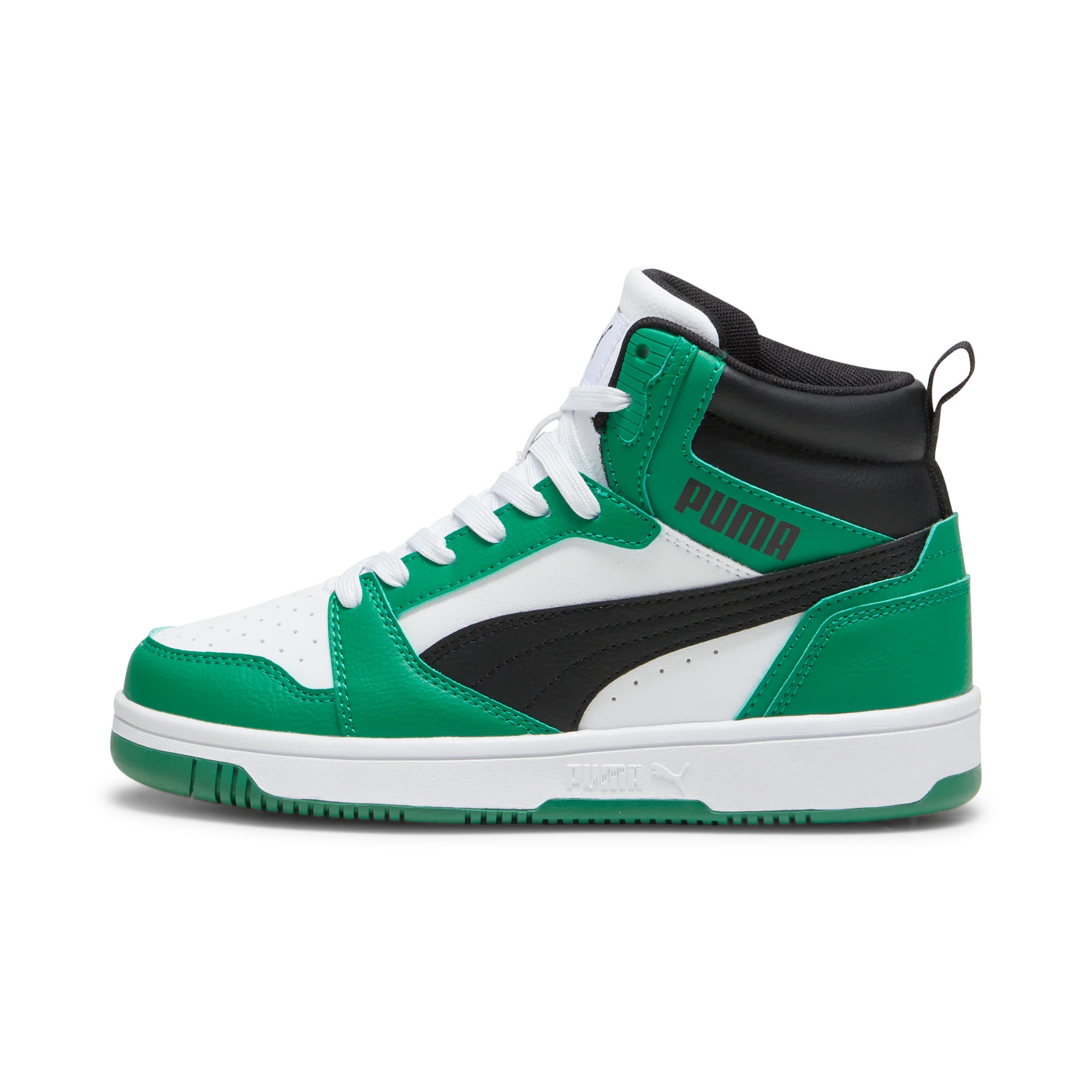 Sneakers alte bianche e verdi da ragazzo con dettagli neri Puma Rebound v6 Mid Jr - Image 3