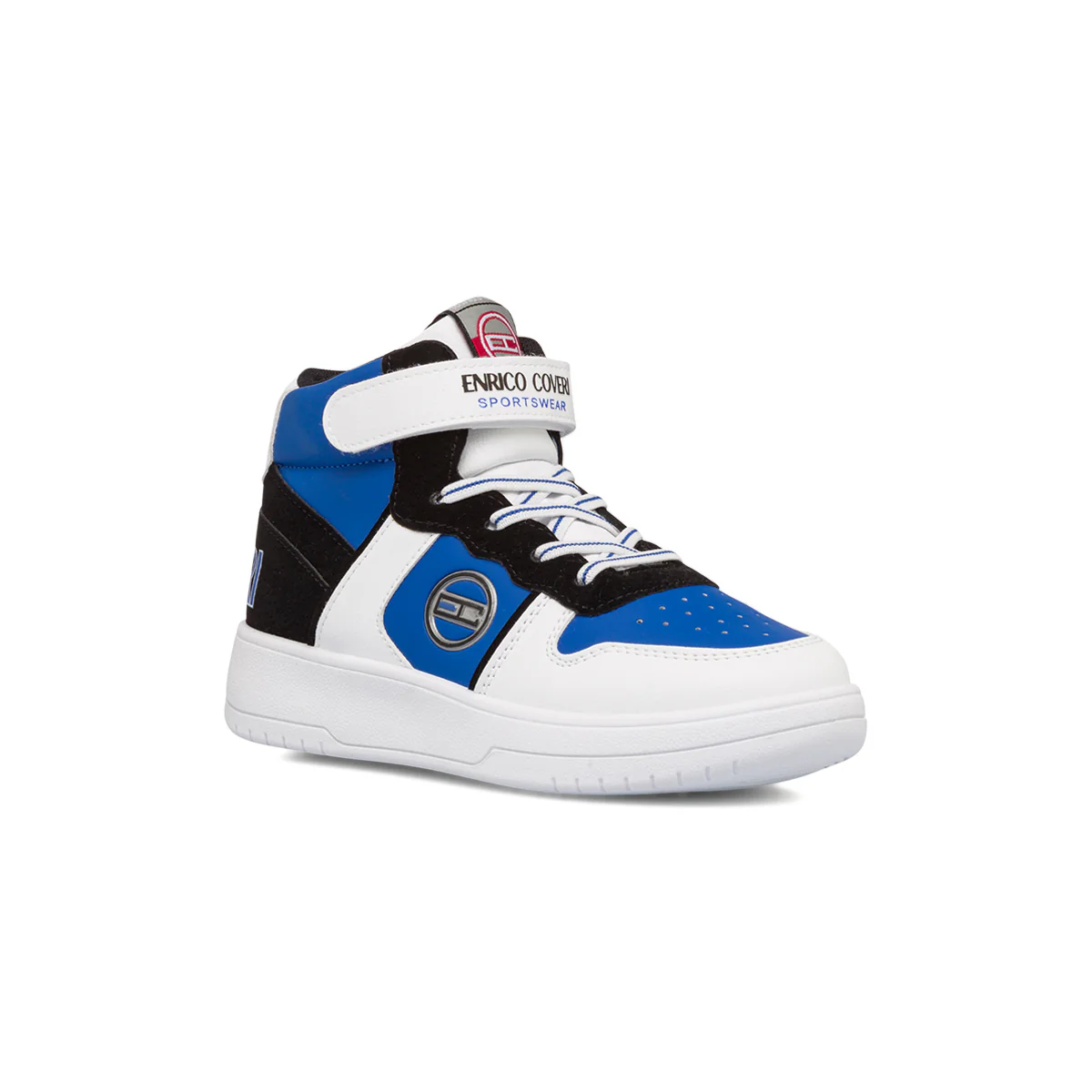 Sneakers alte bianche, nere e blu da bambino con logo laterale Enrico Coveri - Image 2