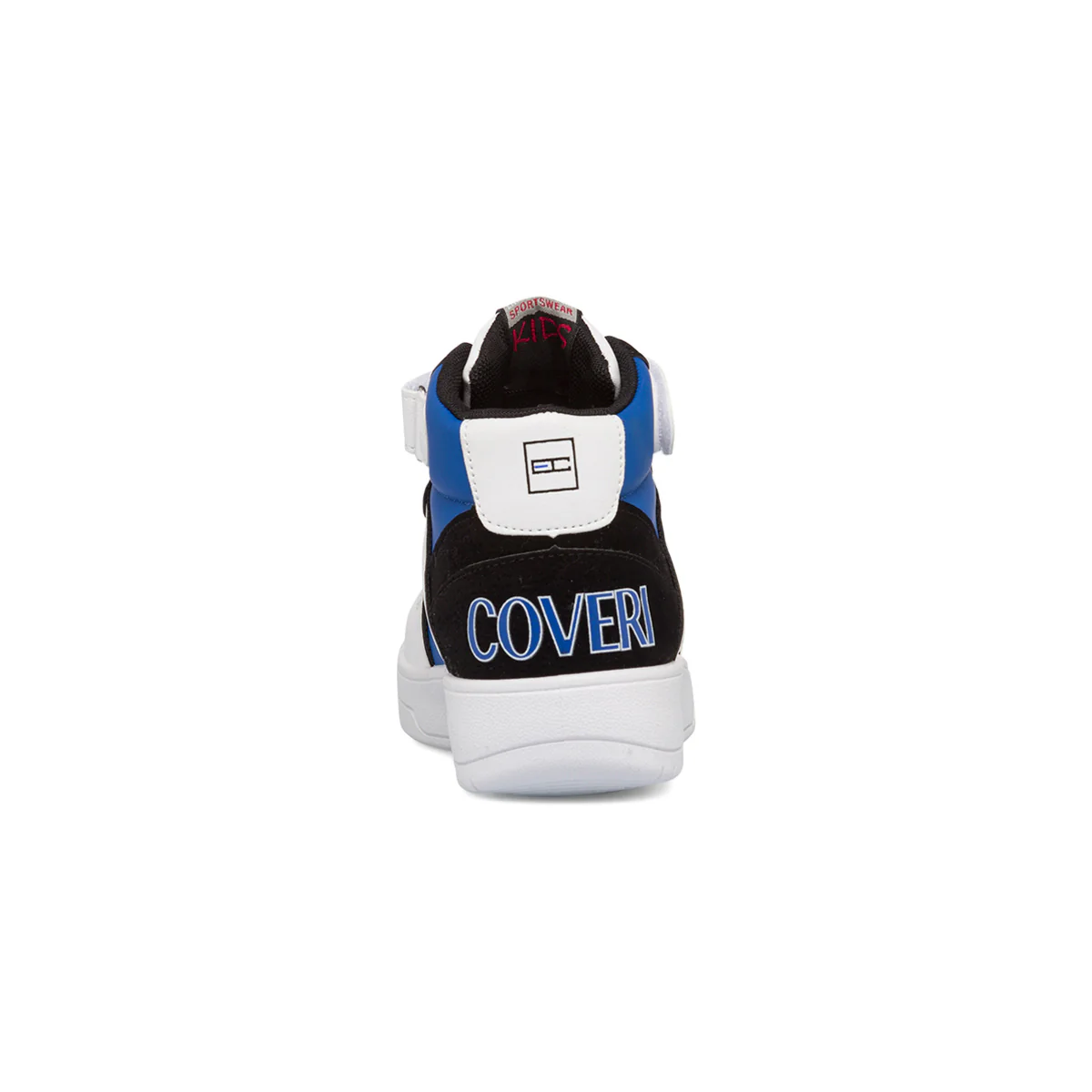 Sneakers alte bianche, nere e blu da bambino con logo laterale Enrico Coveri - Image 4