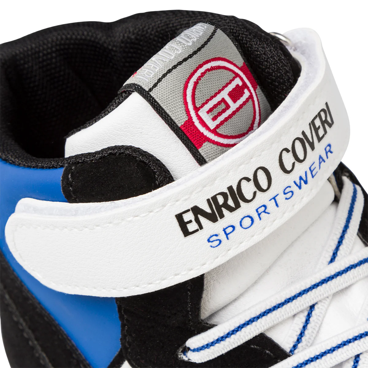 Sneakers alte bianche, nere e blu da bambino con logo laterale Enrico Coveri - Image 7