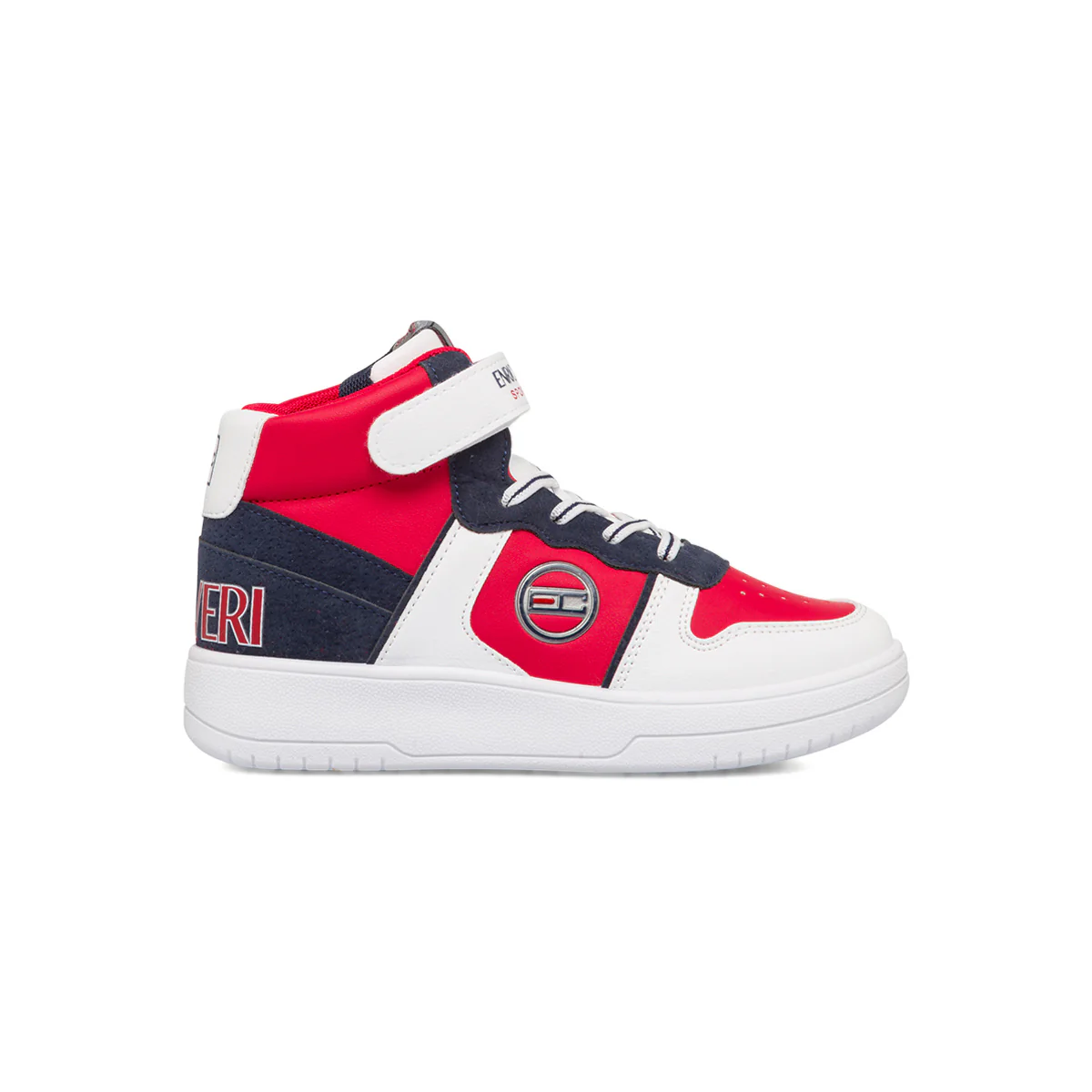 Sneakers alte bianche, rosse e blu da bambino con logo laterale Enrico Coveri