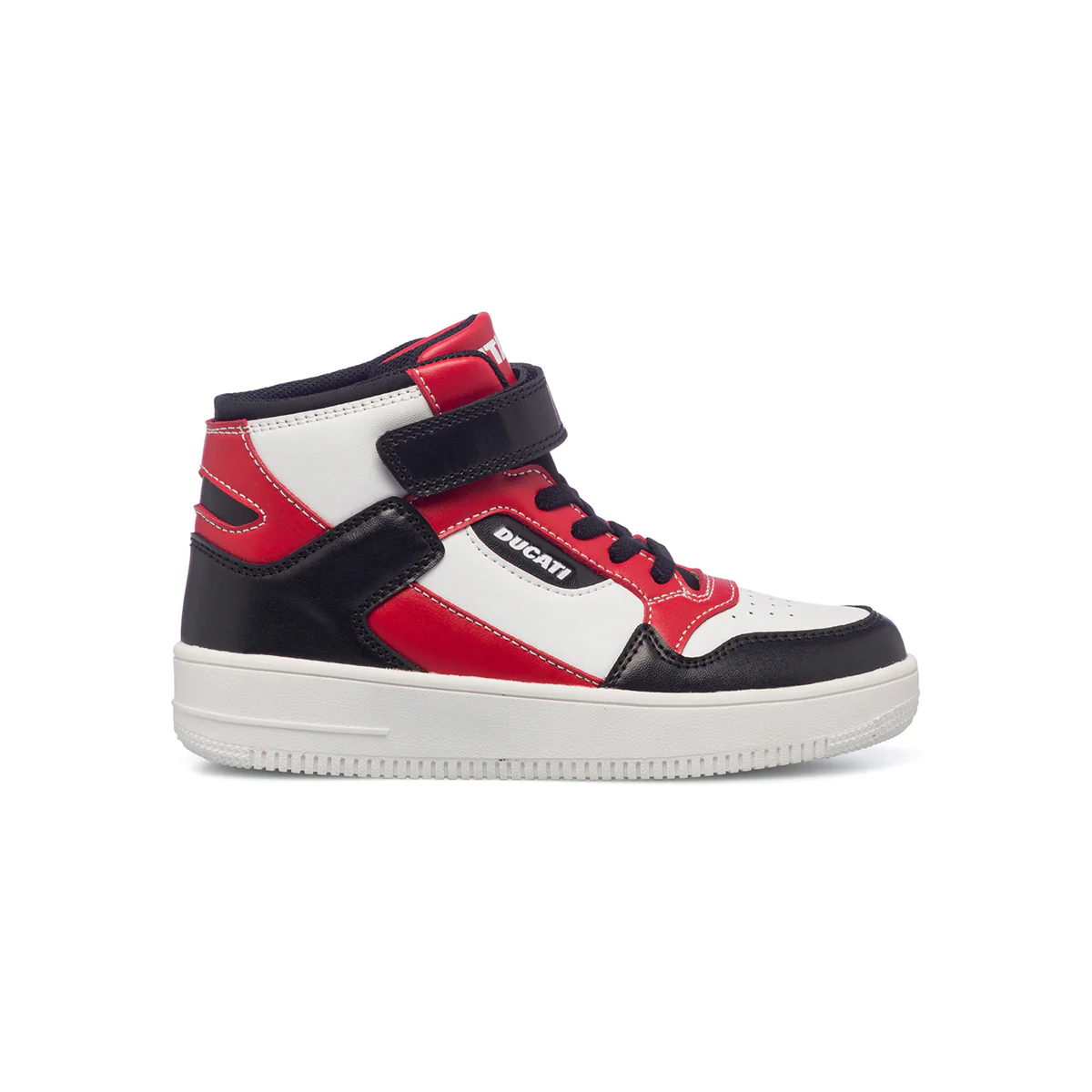 Sneakers alte bianche, rosse e nere da bambino con logo laterale Ducati - Image 2