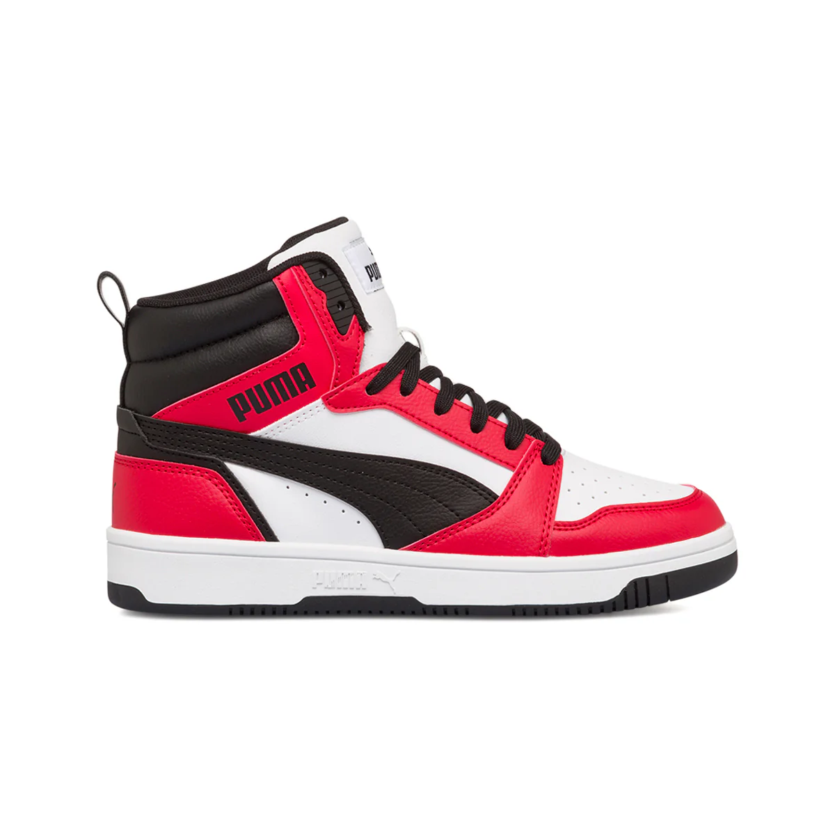 Sneakers alte bianche, rosse e nere da ragazzo Puma Rebound V6 Mid Jr