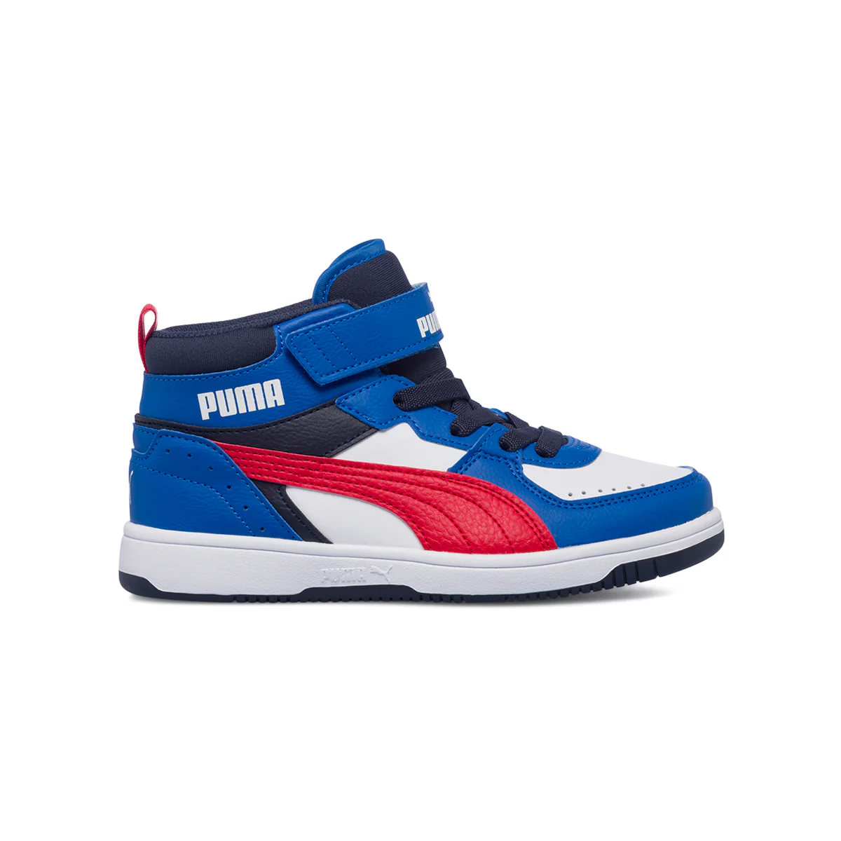 Sneakers alte blu e bianche da bambino con logo laterale Puma Rebound Joy Blocked AC PS