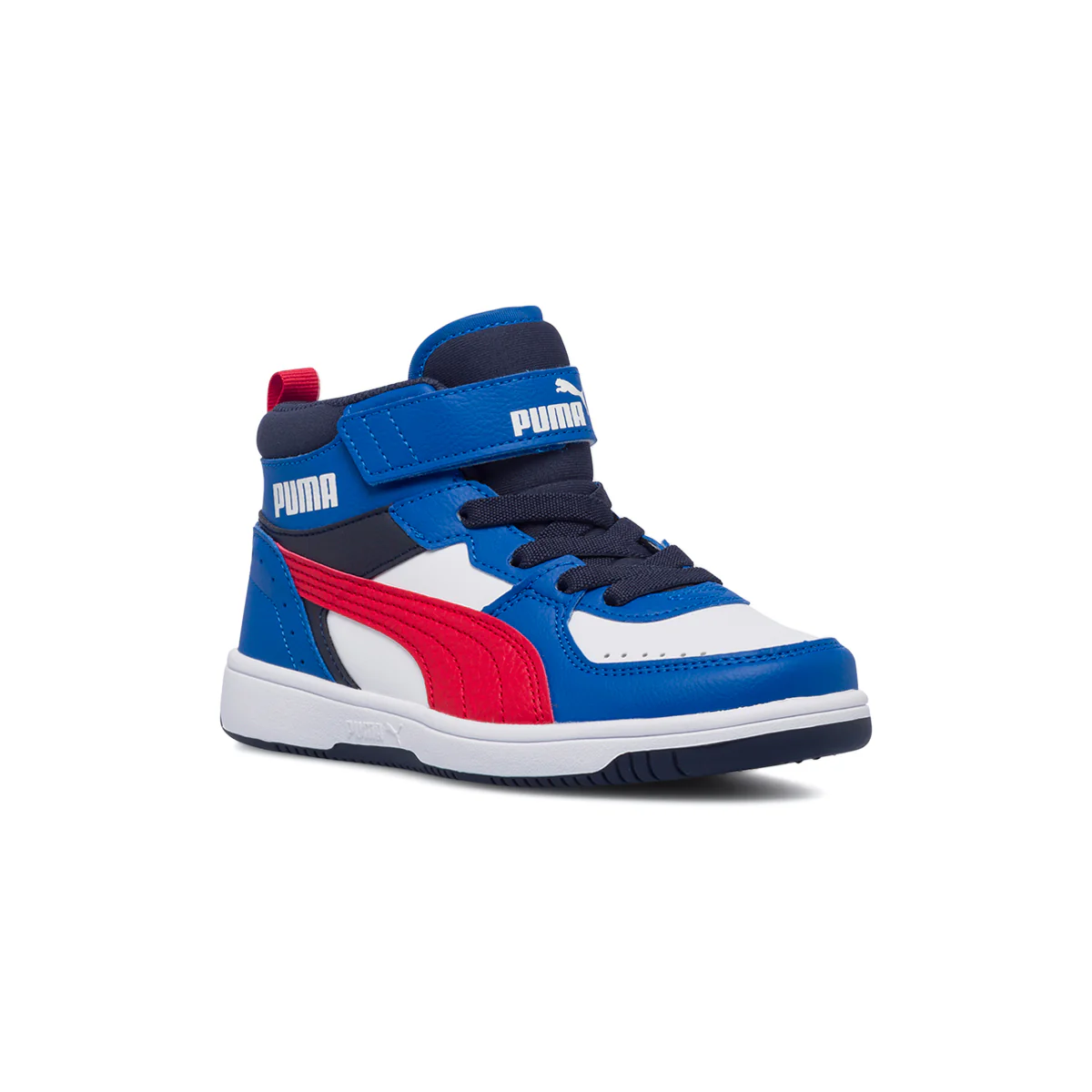 Sneakers alte blu e bianche da bambino con logo laterale Puma Rebound Joy Blocked AC PS - Image 2