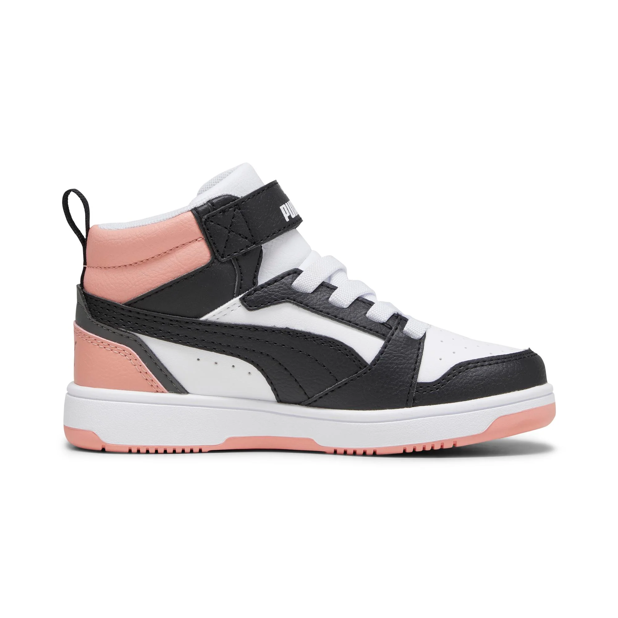 Sneakers alte da bambina bianche con dettagli neri e rosa Puma Rebound V6 - Image 5