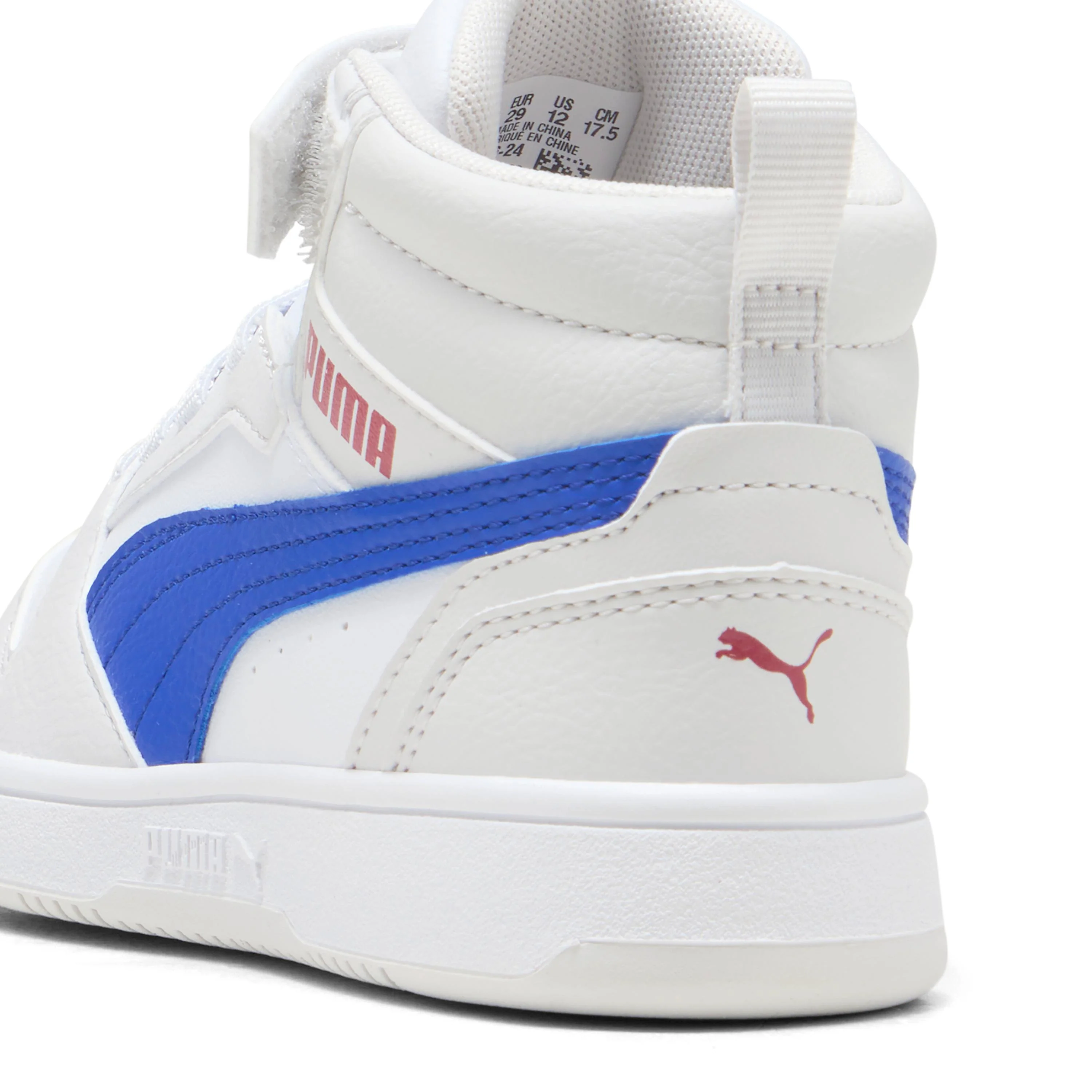 Sneakers alte da bambino bianche con dettaglio blu e con logo Puma Rebound V6 Mid - Image 3