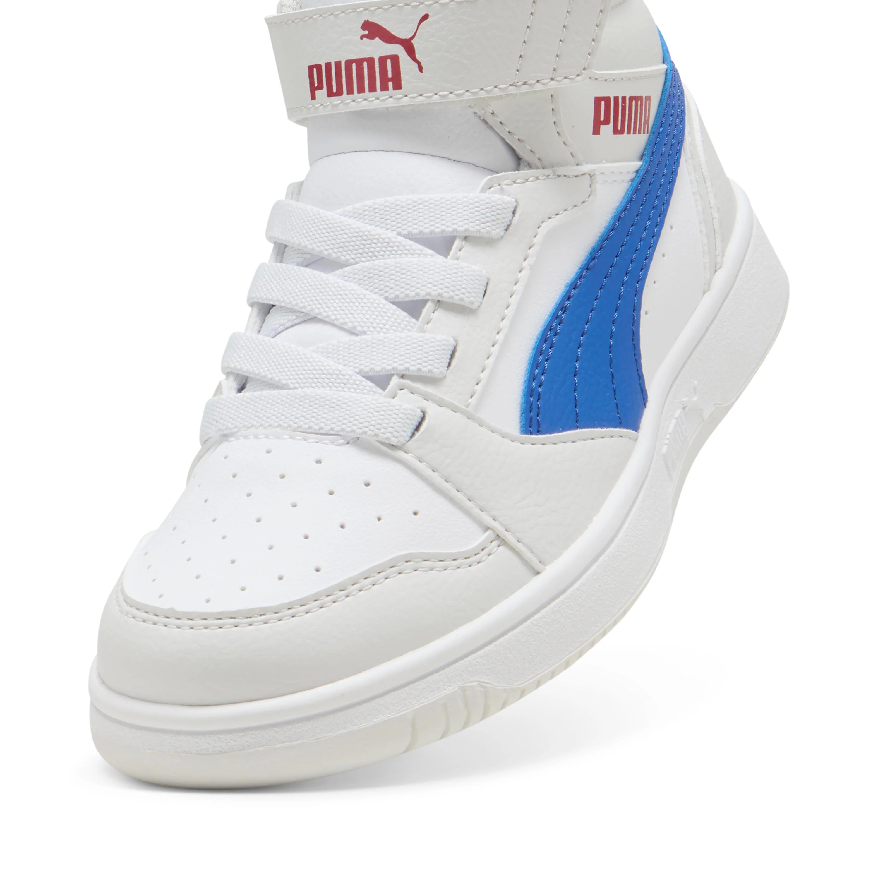 Sneakers alte da bambino bianche con dettaglio blu e con logo Puma Rebound V6 Mid - Image 5