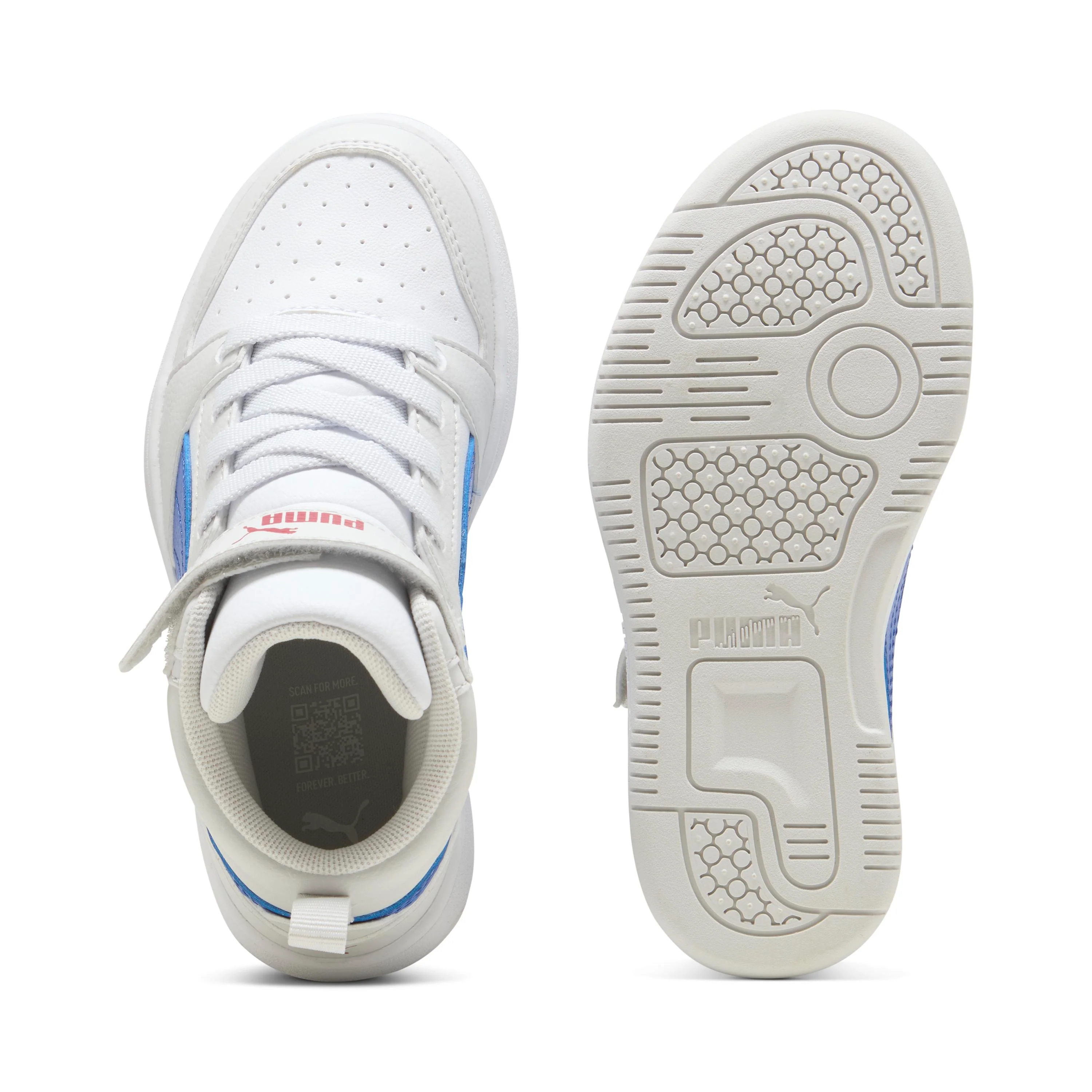 Sneakers alte da bambino bianche con dettaglio blu e con logo Puma Rebound V6 Mid - Image 6