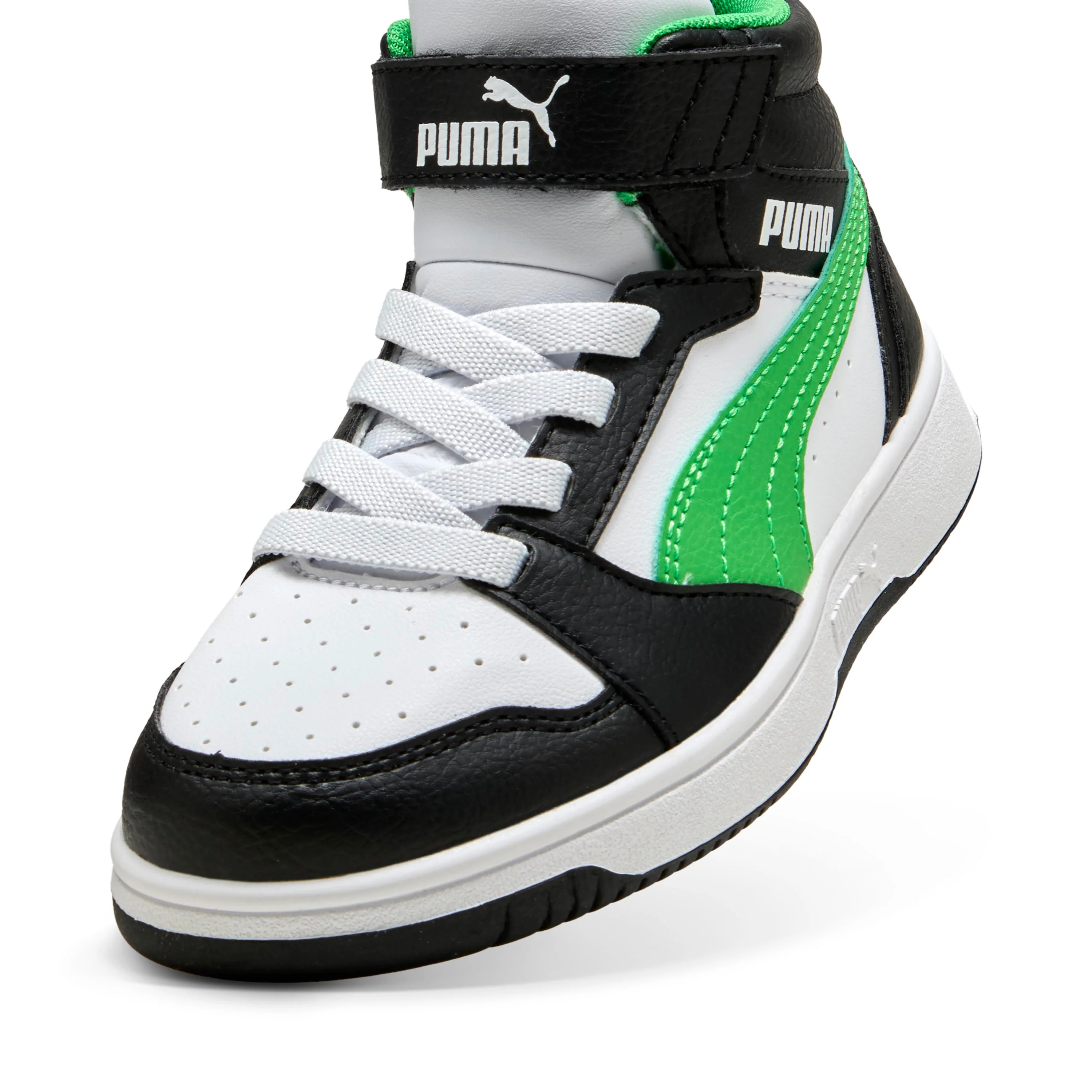 Sneakers alte da bambino bianche e nere con dettaglio verde Puma Rebound V6 Mid - Image 2