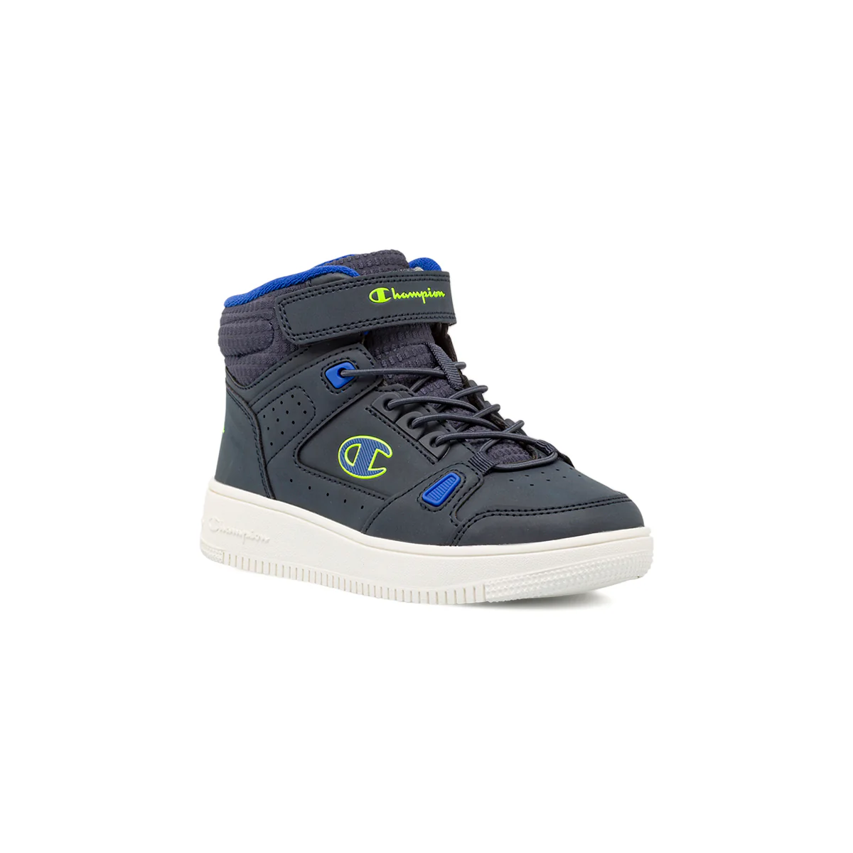 Sneakers alte da bambino blu Champion con dettagli neon e strappo - Image 2